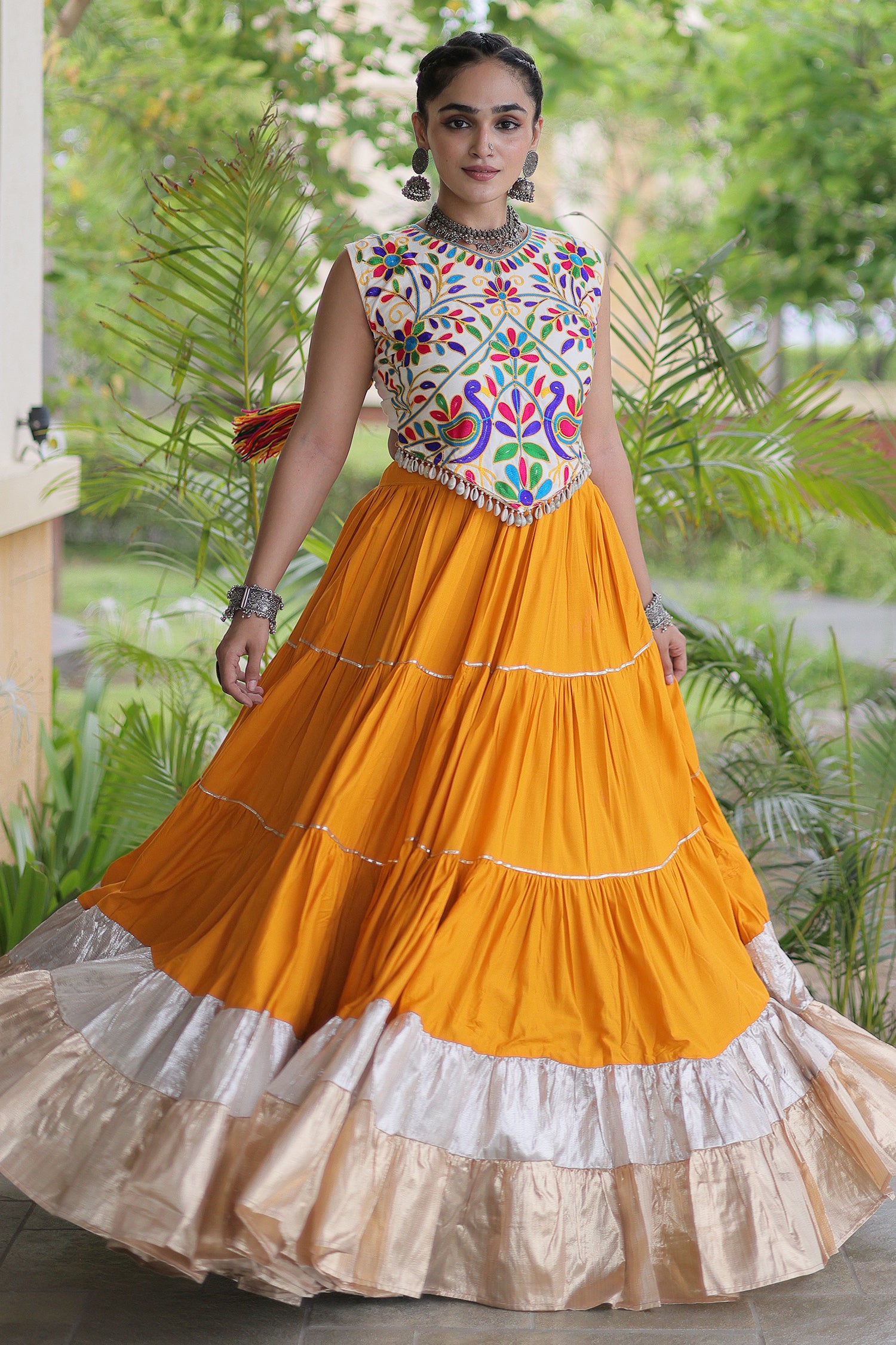Mustard Cotton Kachchi Worked Flared Chaniya Choli