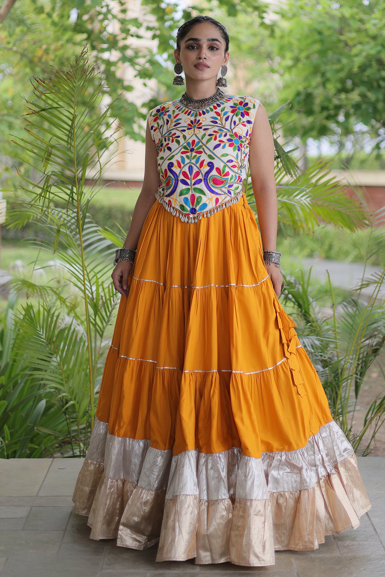 Mustard Cotton Kachchi Worked Flared Chaniya Choli