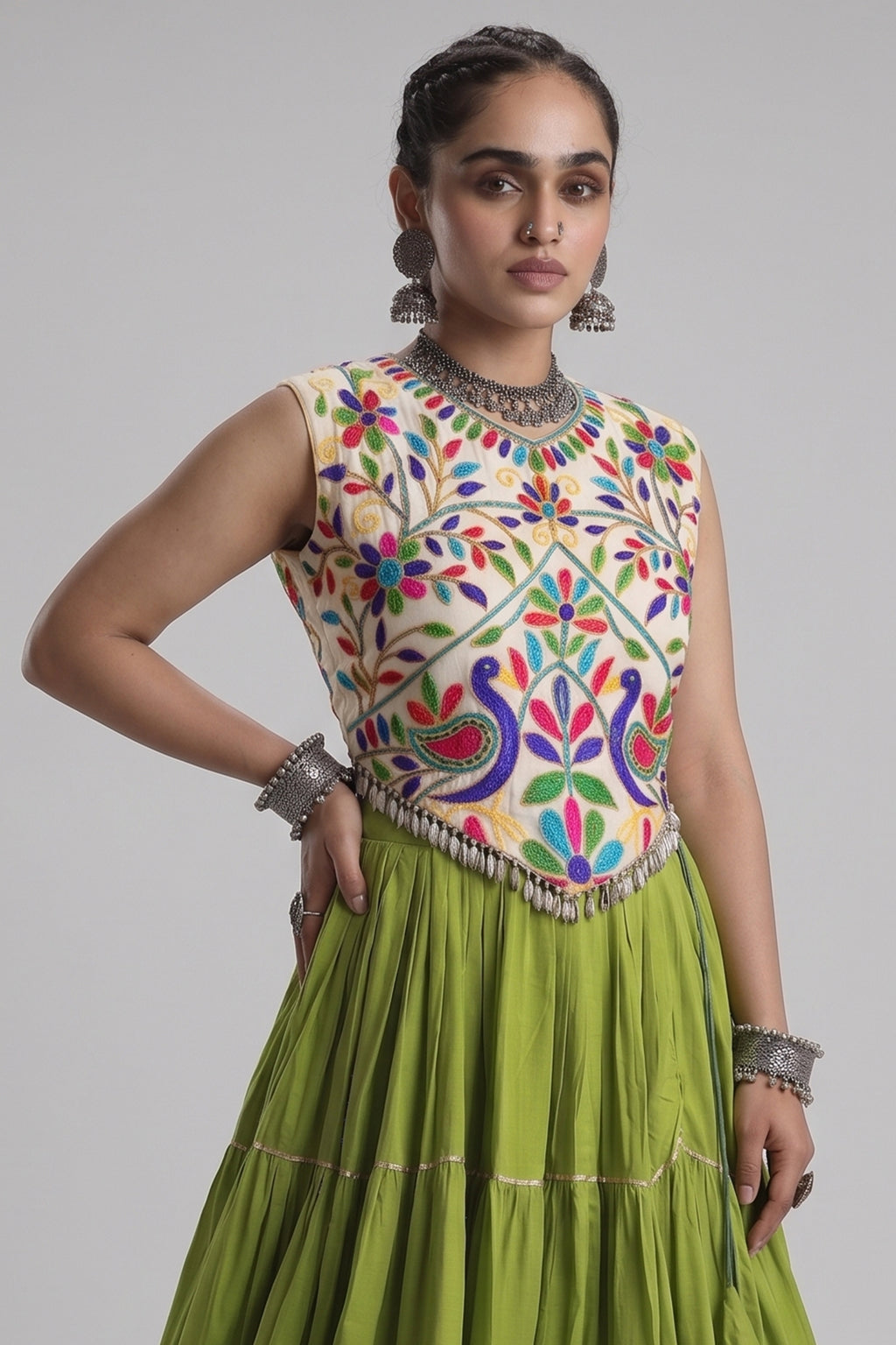 Green Cotton Kachchi Worked Flared Chaniya Choli