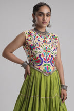 Green Cotton Kachchi Worked Flared Chaniya Choli
