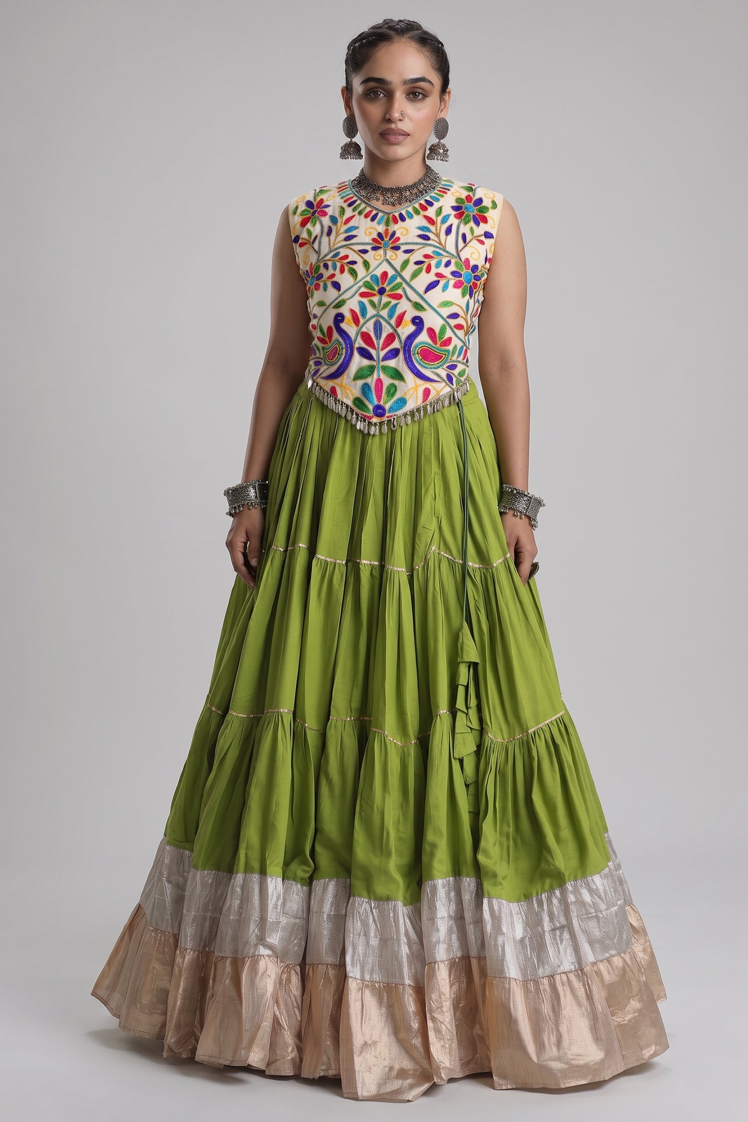 Green Cotton Kachchi Worked Flared Chaniya Choli
