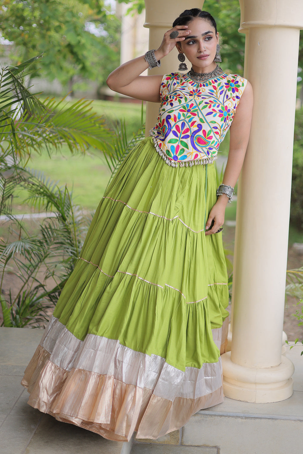 Green Cotton Kachchi Worked Flared Chaniya Choli