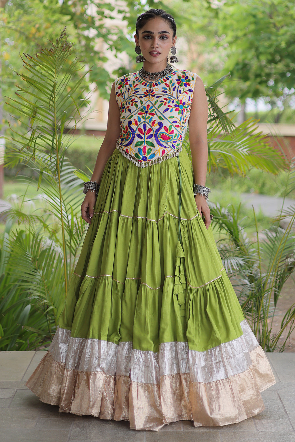 Green Cotton Kachchi Worked Flared Chaniya Choli