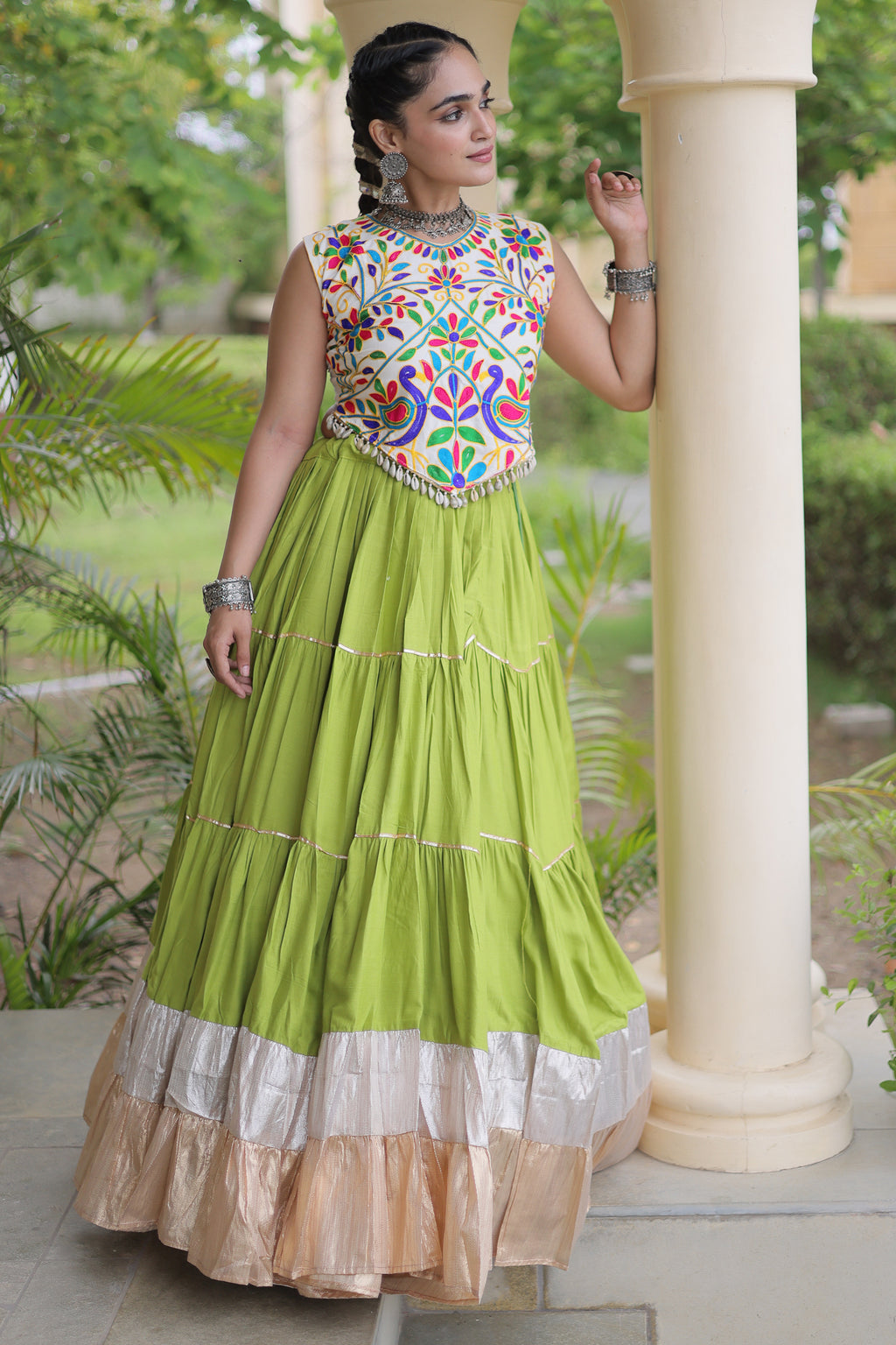 Green Cotton Kachchi Worked Flared Chaniya Choli