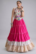Pink Cotton Kachchi Worked Flared Chaniya Choli