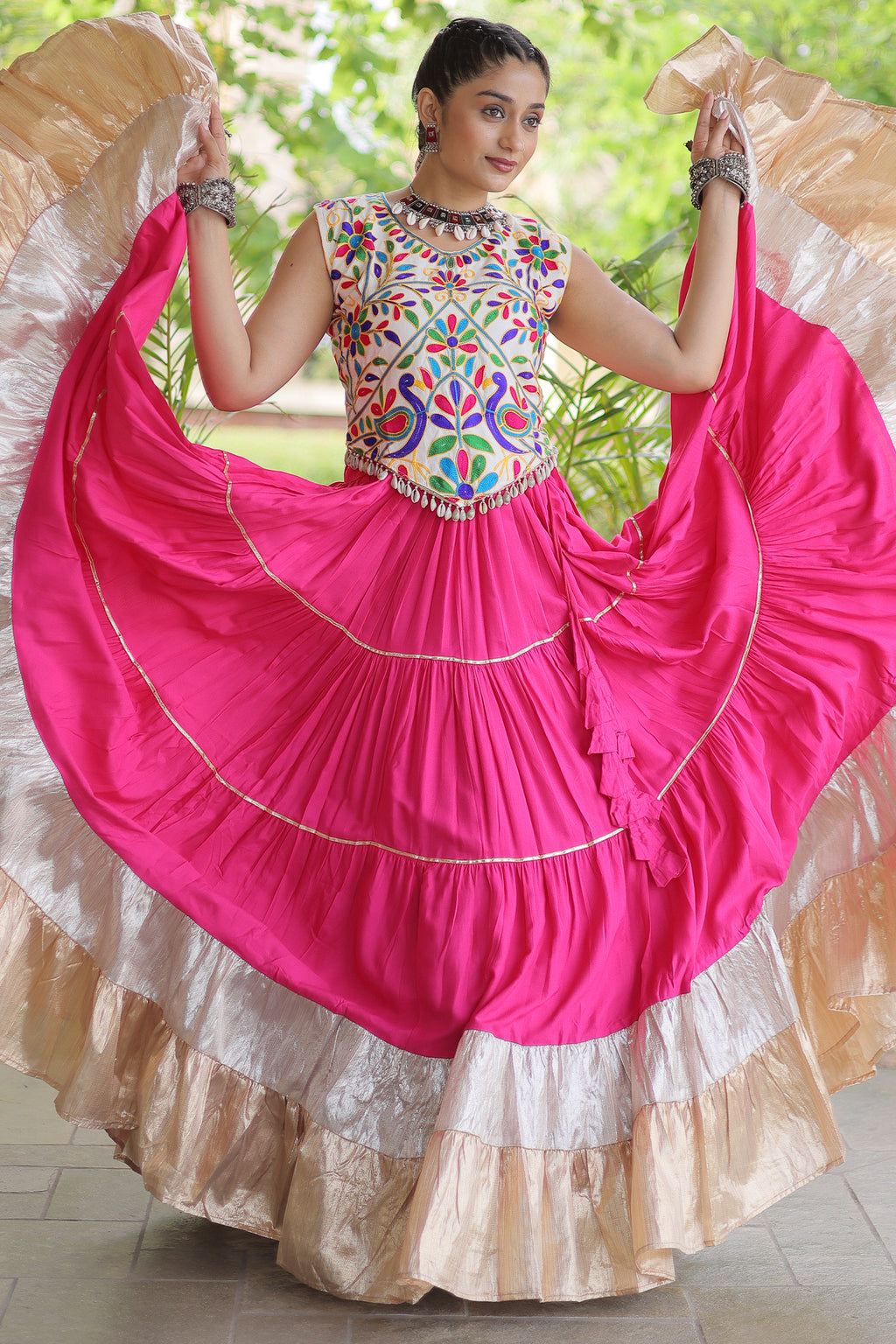 Pink Cotton Kachchi Worked Flared Chaniya Choli