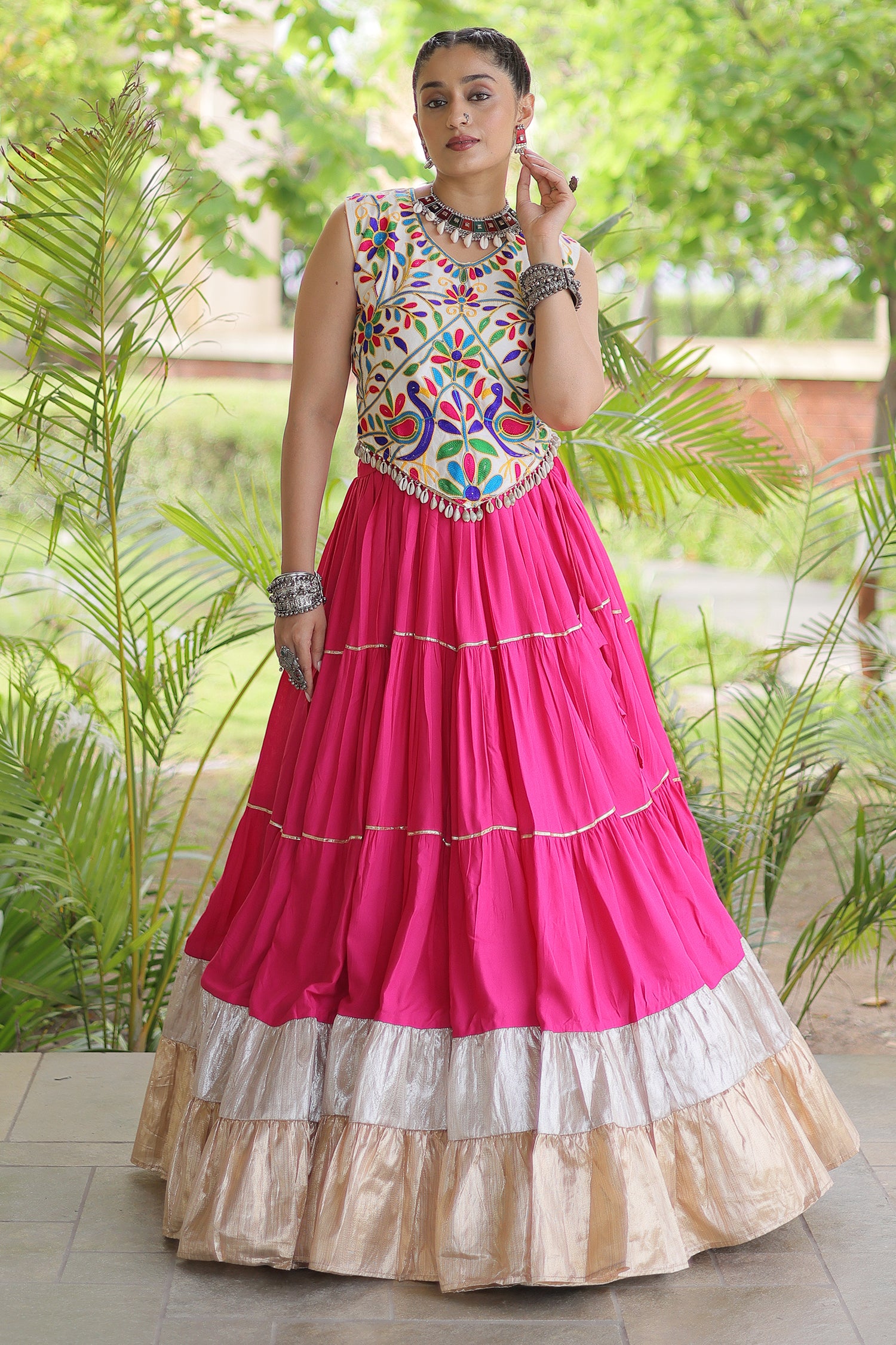 Pink Cotton Kachchi Worked Flared Chaniya Choli