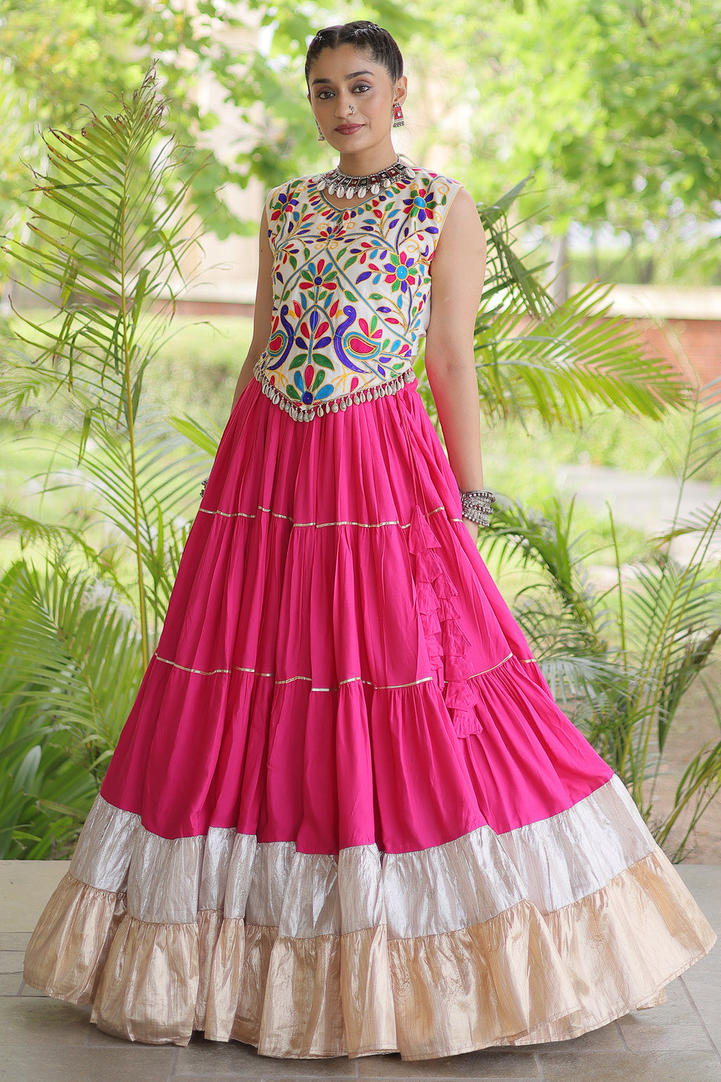 Pink Cotton Kachchi Worked Flared Chaniya Choli