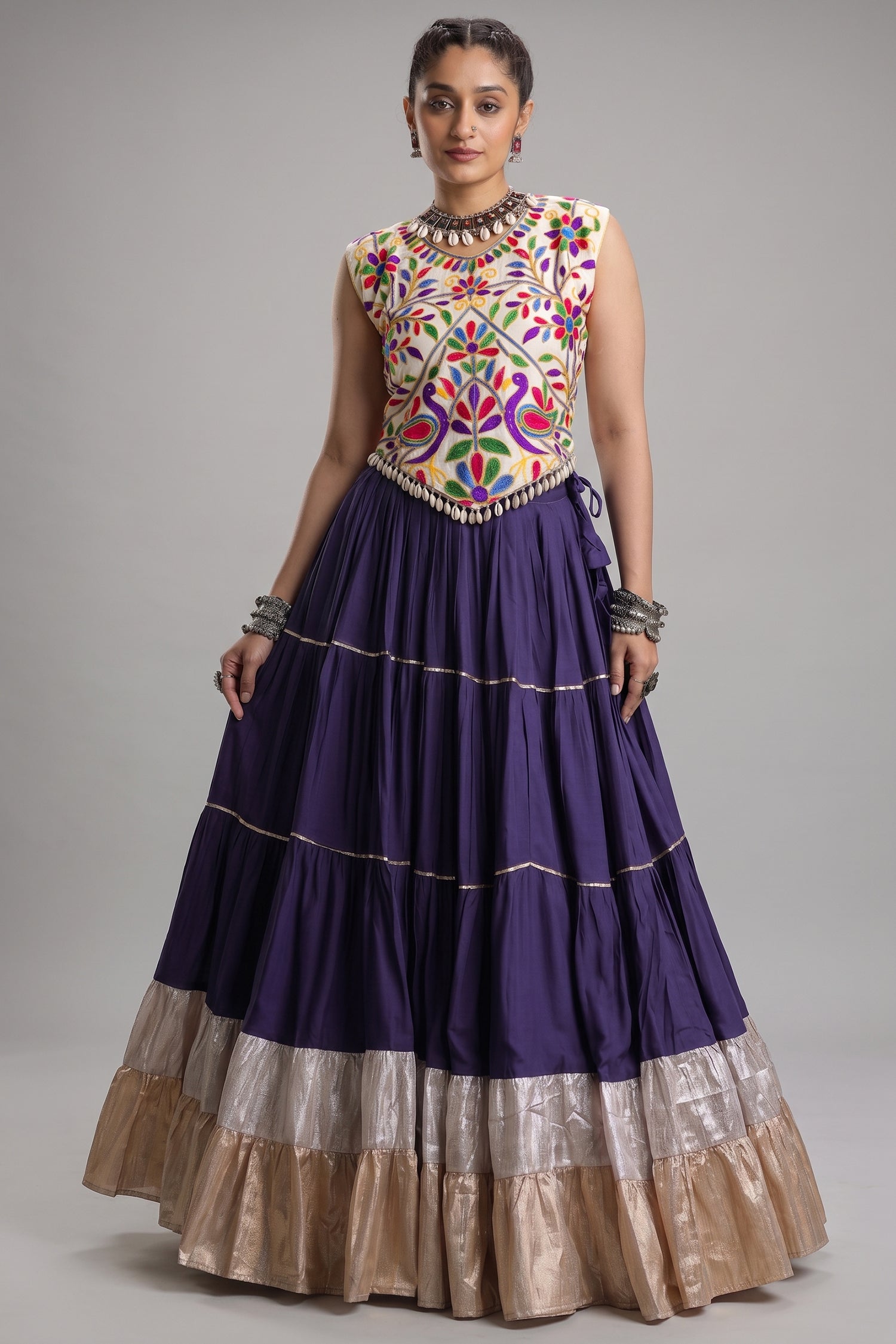 Purple Cotton Kachchi Worked Flared Chaniya Choli Main image