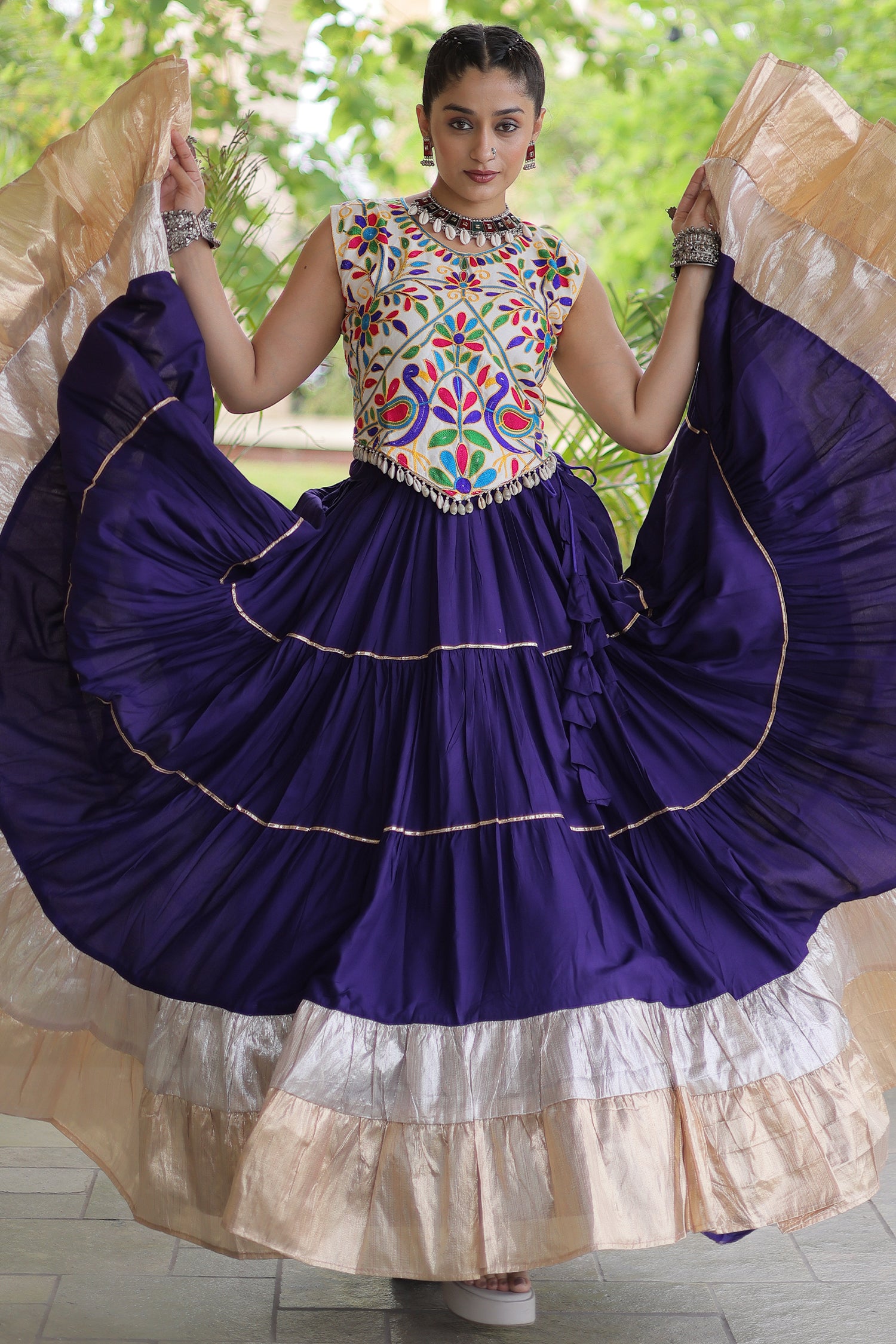 Purple Cotton Kachchi Worked Flared Chaniya Choli
