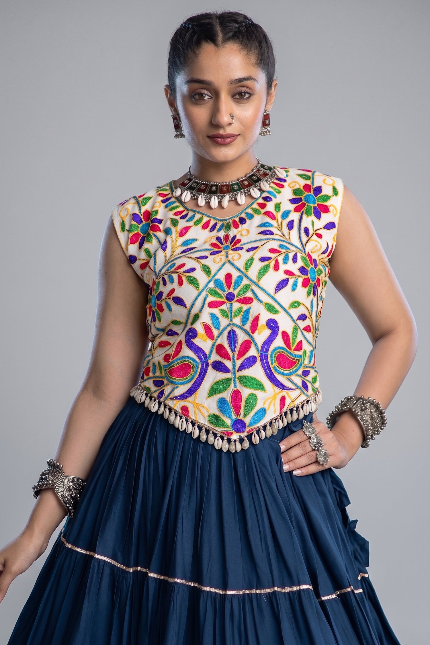 Blue Cotton Kachchi Worked Flared Chaniya Choli Secondary image