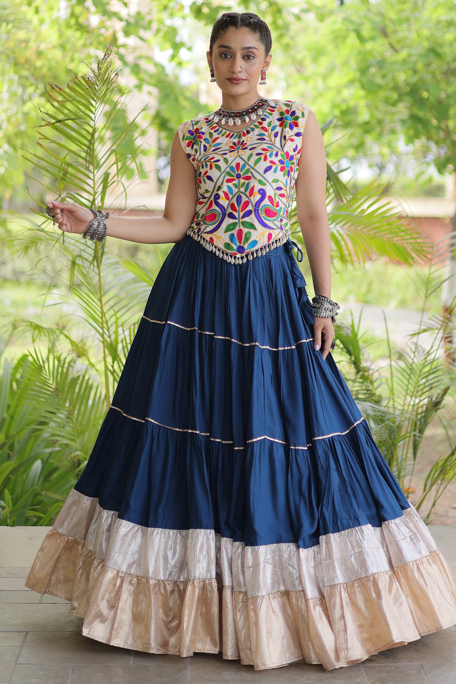 Blue Cotton Kachchi Worked Flared Chaniya Choli