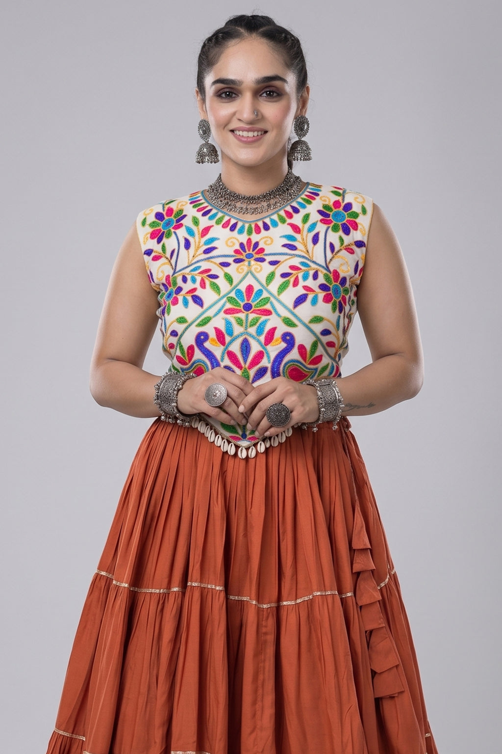 Orange Cotton Kachchi Worked Flared Chaniya Choli