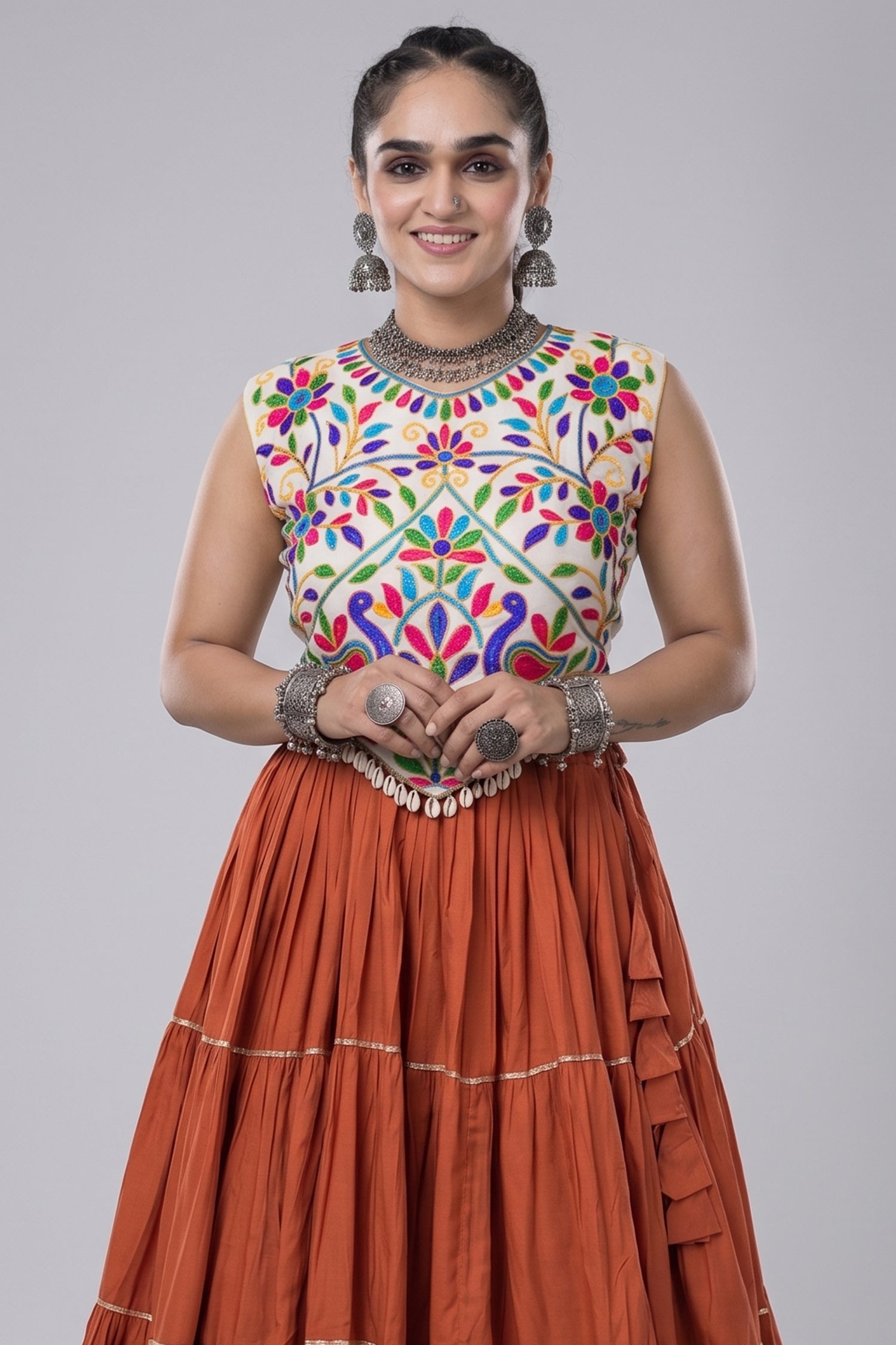 Orange Cotton Kachchi Worked Flared Chaniya Choli