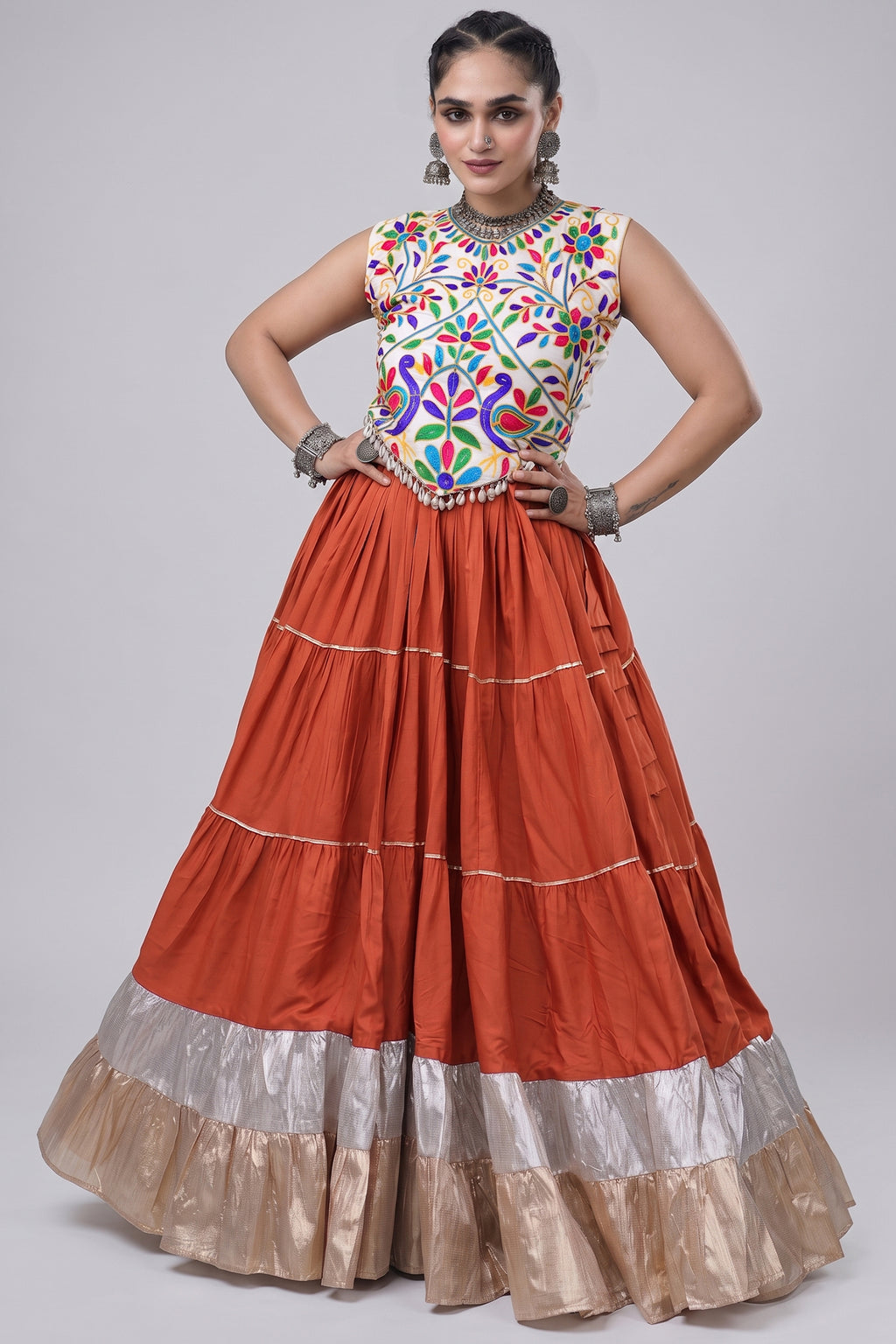 Orange Cotton Kachchi Worked Flared Chaniya Choli