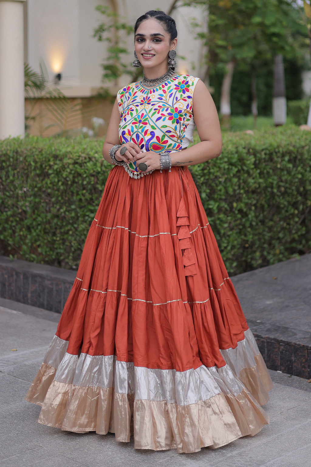 Orange Cotton Kachchi Worked Flared Chaniya Choli