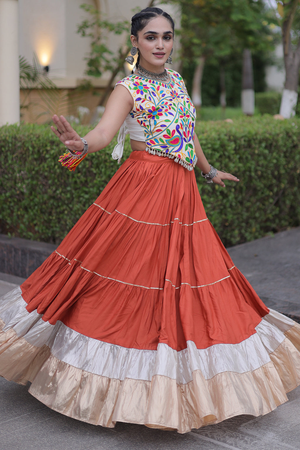 Orange Cotton Kachchi Worked Flared Chaniya Choli