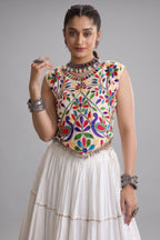 White Cotton Kachchi Worked Flared Chaniya Choli