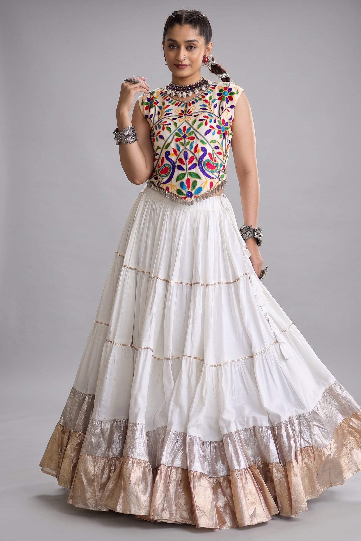 White Cotton Kachchi Worked Flared Chaniya Choli