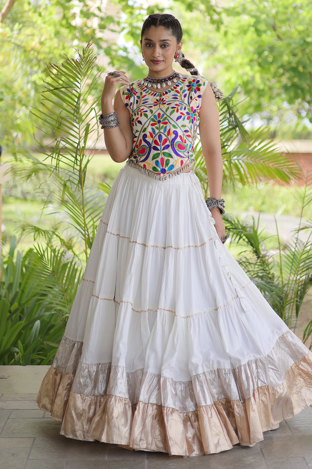 White Cotton Kachchi Worked Flared Chaniya Choli