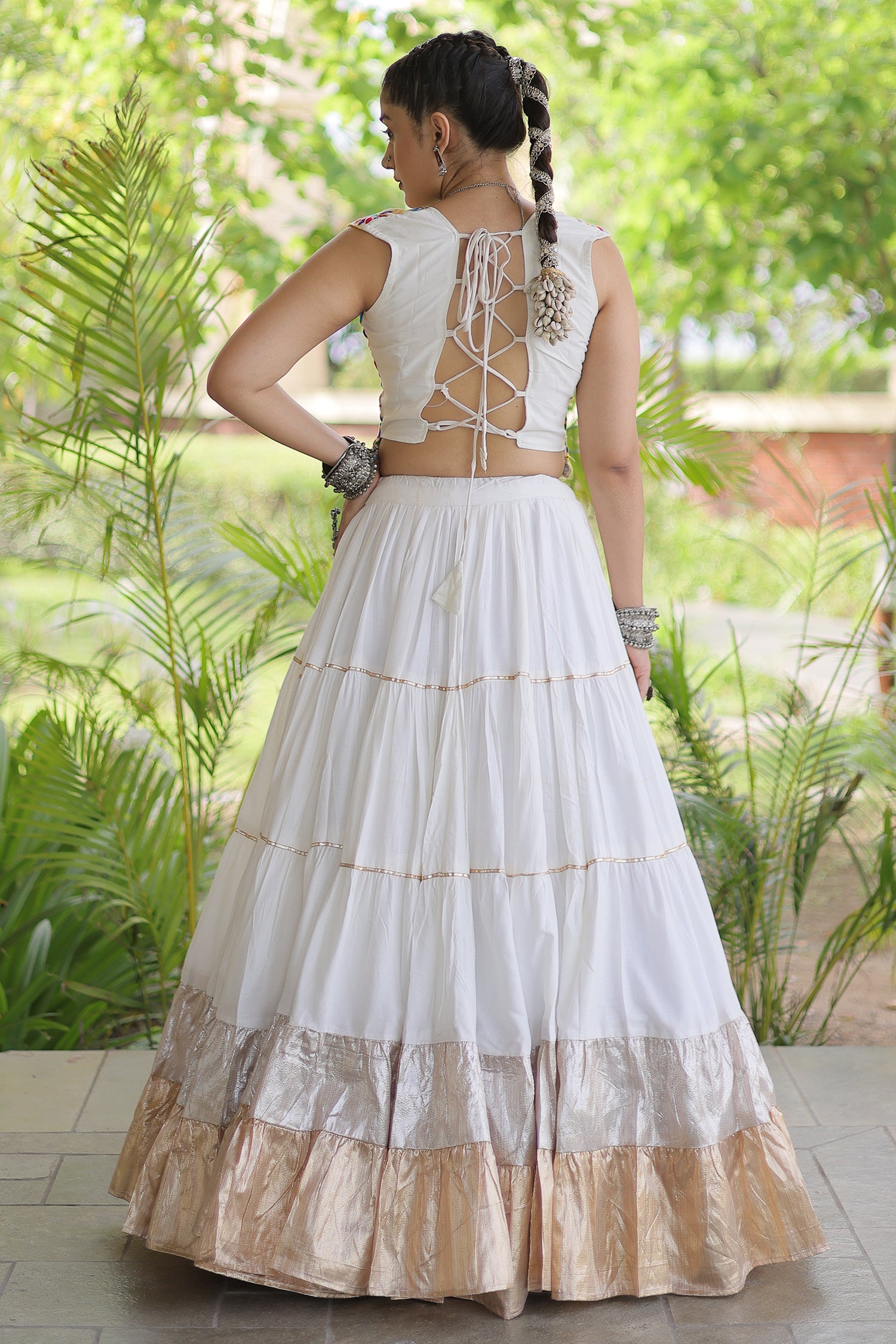 White Cotton Kachchi Worked Flared Chaniya Choli