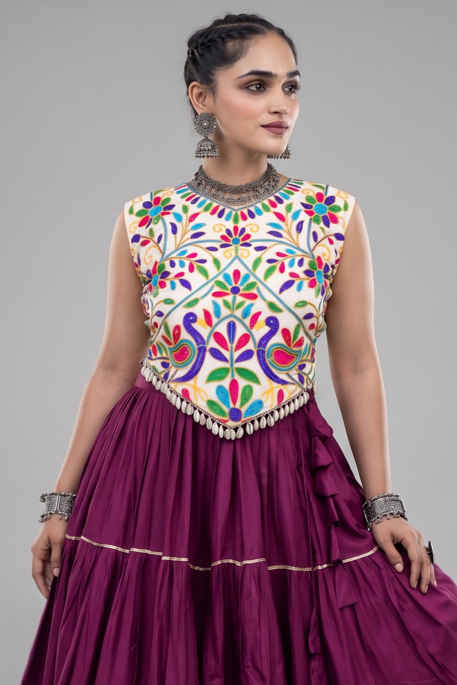 Purple Cotton Kachchi Worked Flared Chaniya Choli