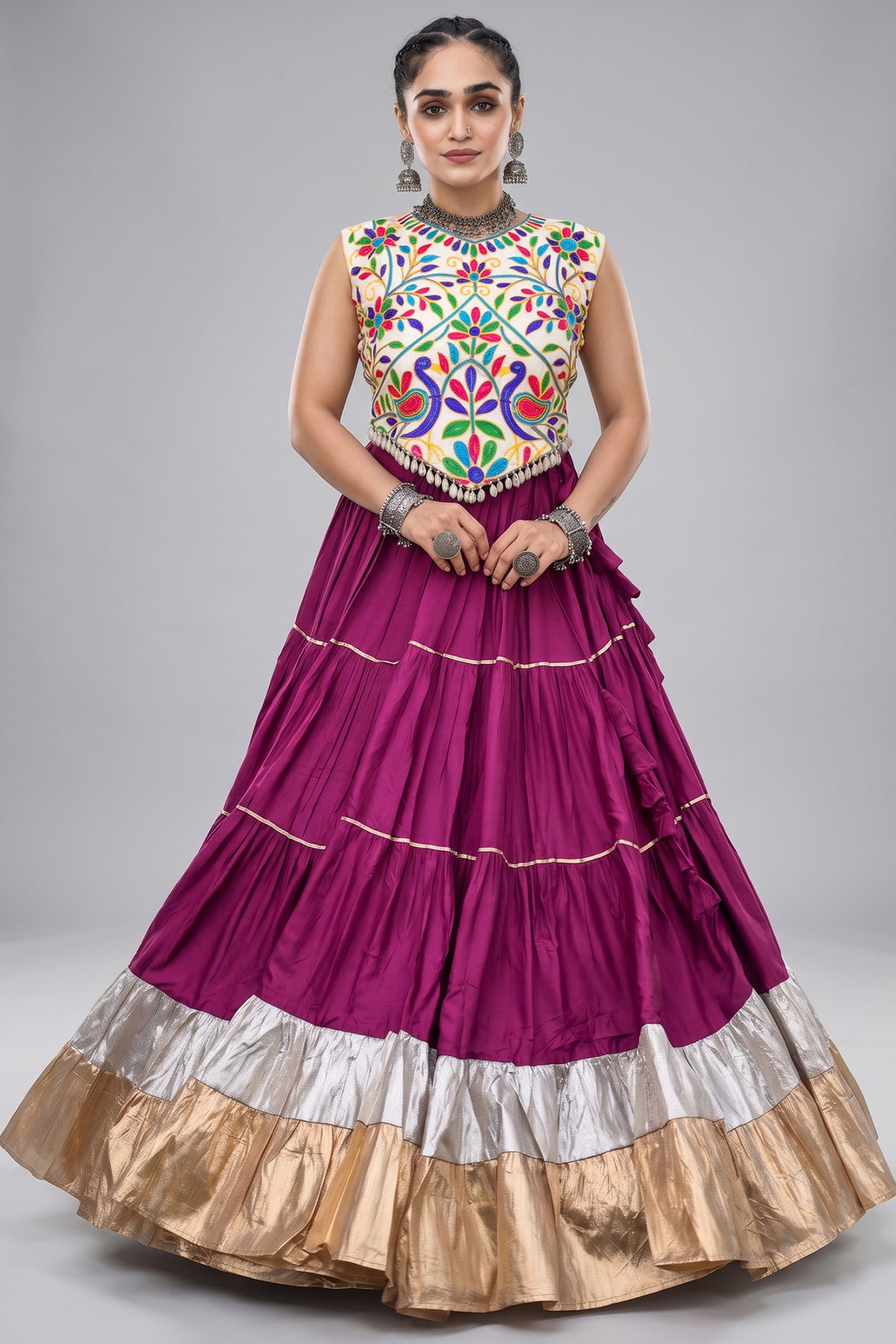 Purple Cotton Kachchi Worked Flared Chaniya Choli
