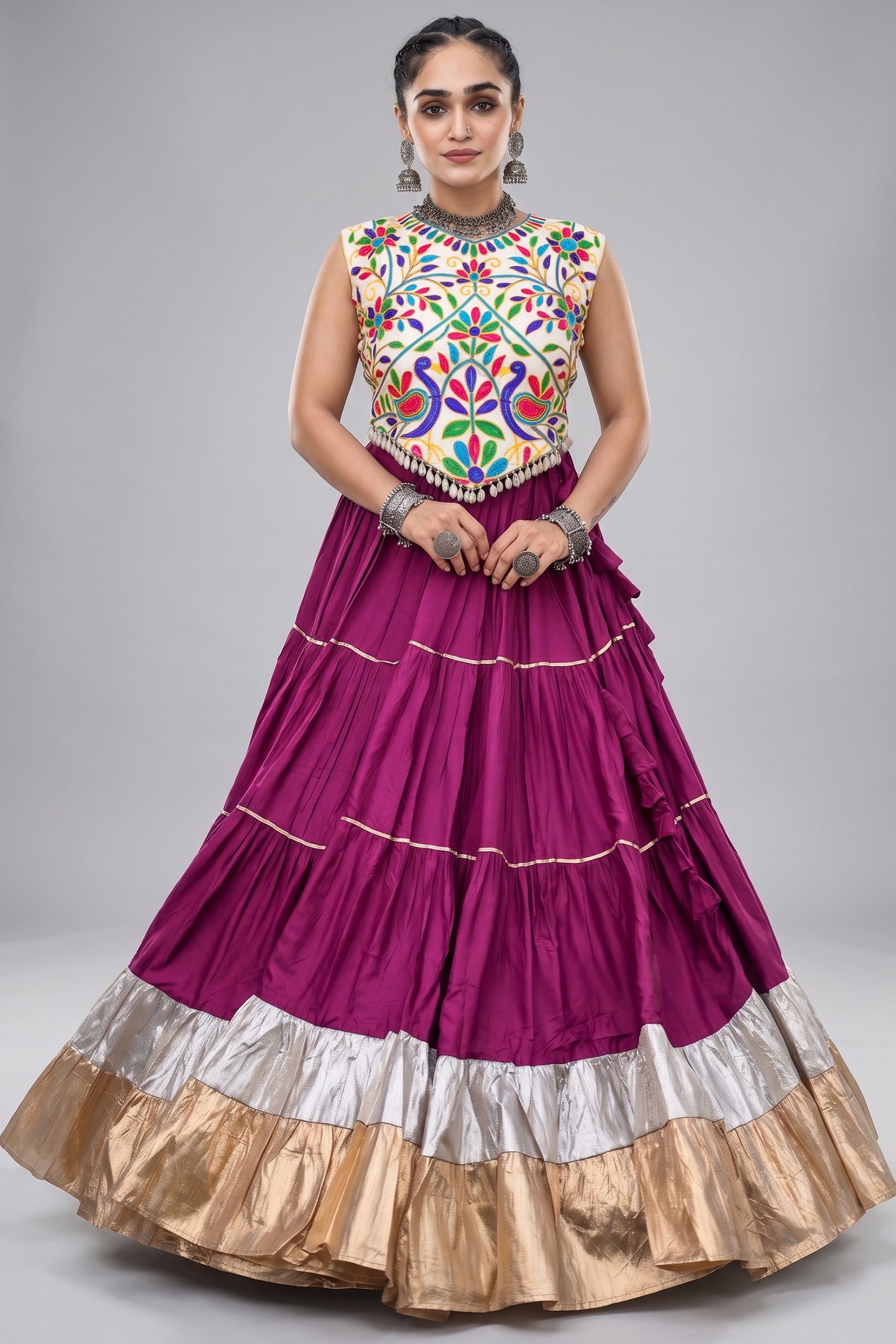 Purple Cotton Kachchi Worked Flared Chaniya Choli