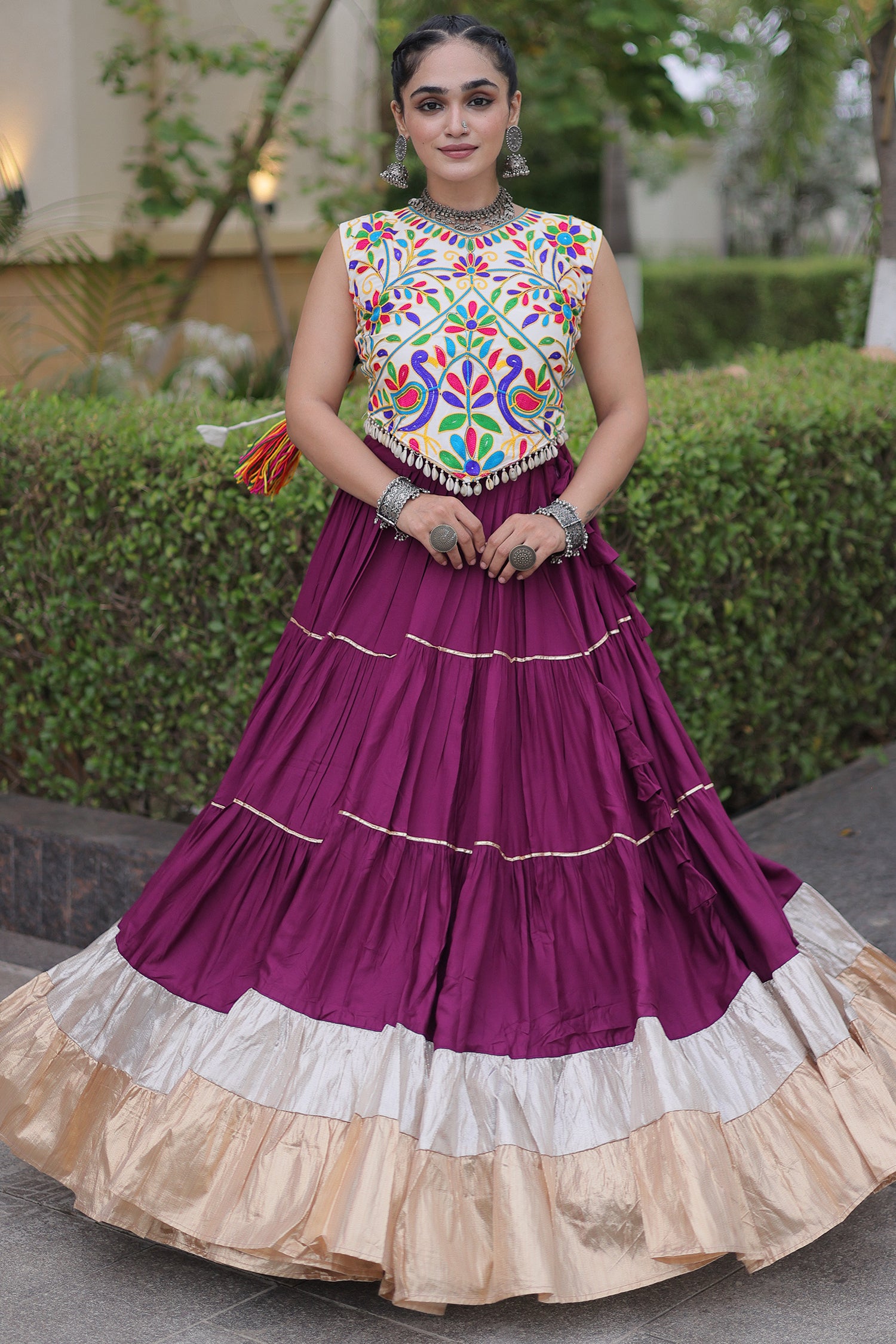 Purple Cotton Kachchi Worked Flared Chaniya Choli