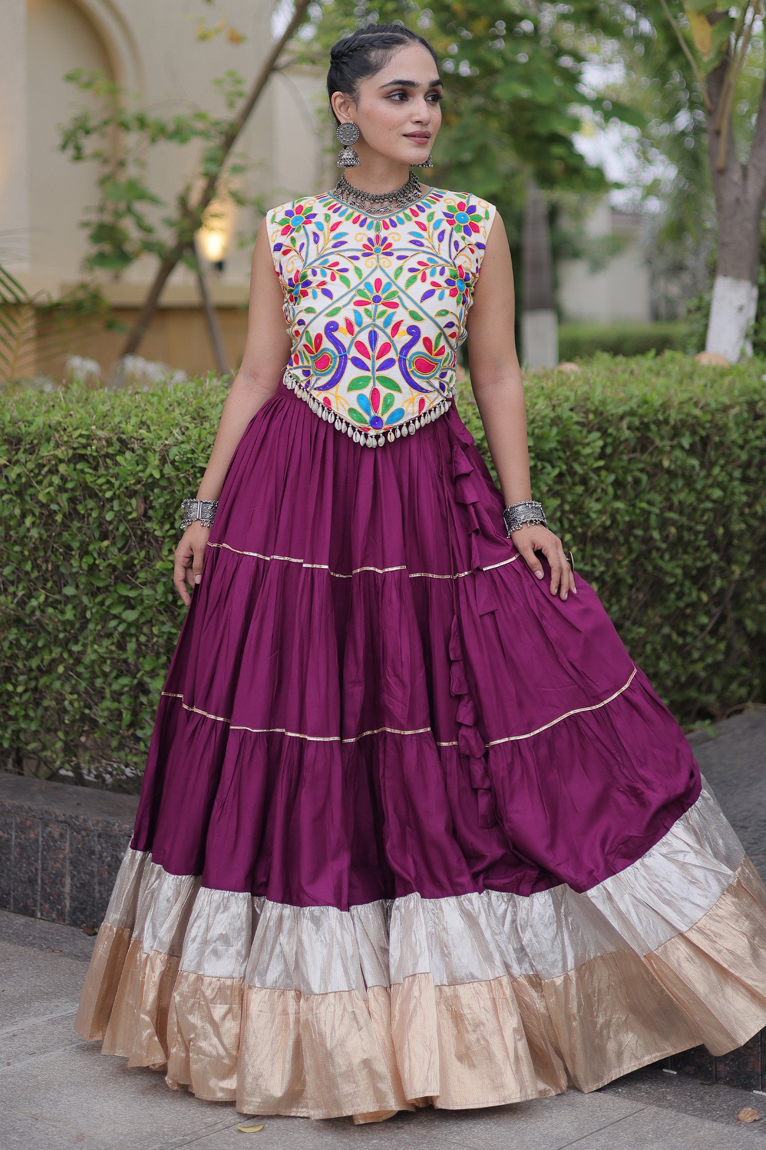 Purple Cotton Kachchi Worked Flared Chaniya Choli