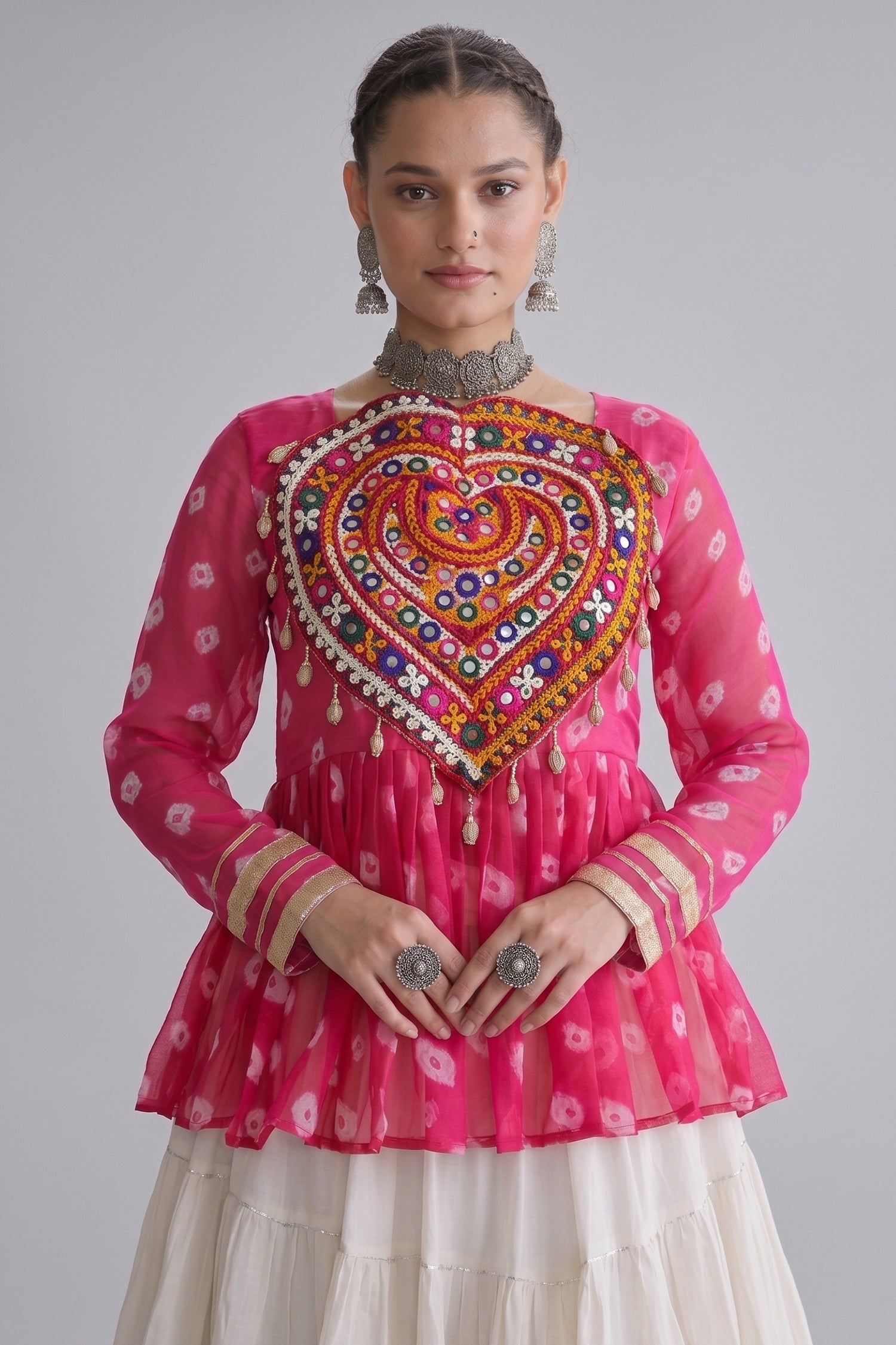Pearl White Cotton Flared Peplum Chaniya Choli with Kachchi Work