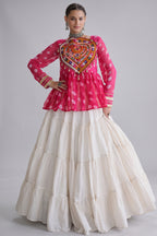 Pearl White Cotton Flared Peplum Chaniya Choli with Kachchi Work