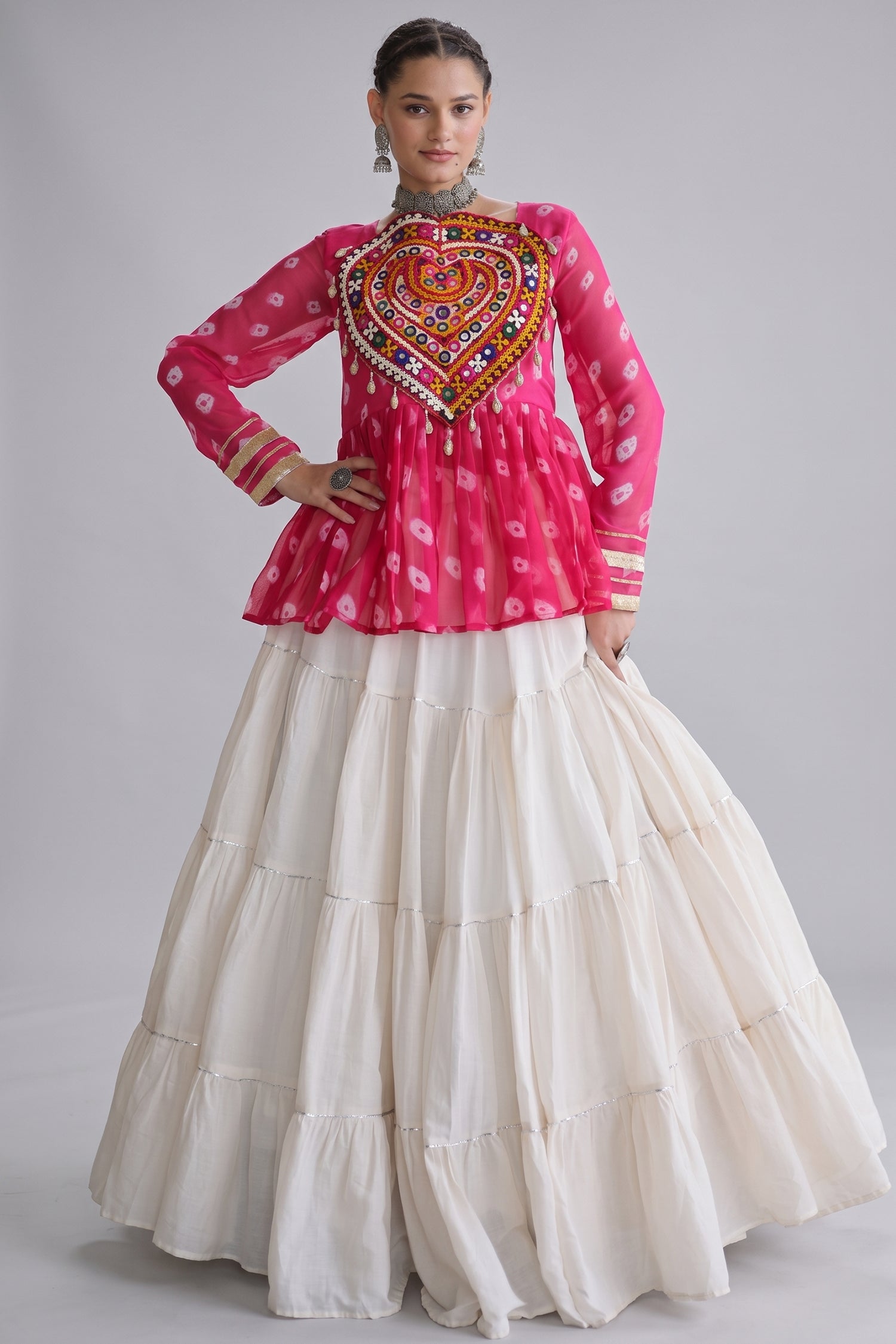 Pearl White Cotton Flared Peplum Chaniya Choli with Kachchi Work