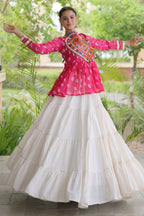 Pearl White Cotton Flared Peplum Chaniya Choli with Kachchi Work