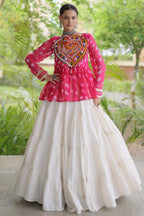 Pearl White Cotton Flared Peplum Chaniya Choli with Kachchi Work