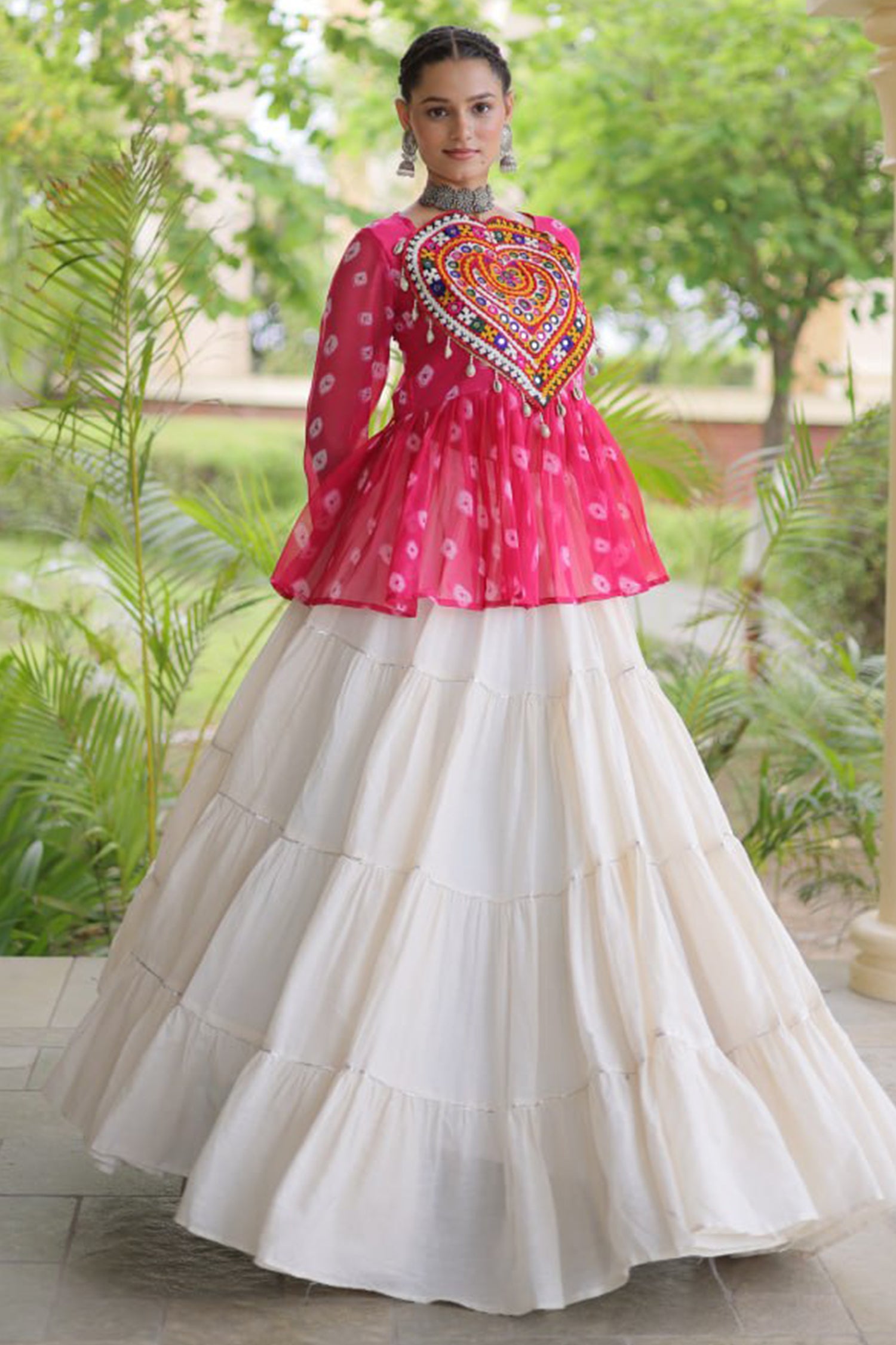 Pearl White Cotton Flared Peplum Chaniya Choli with Kachchi Work