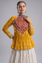 Pearl White Cotton Flared Peplum Chaniya Choli with Kachchi Work