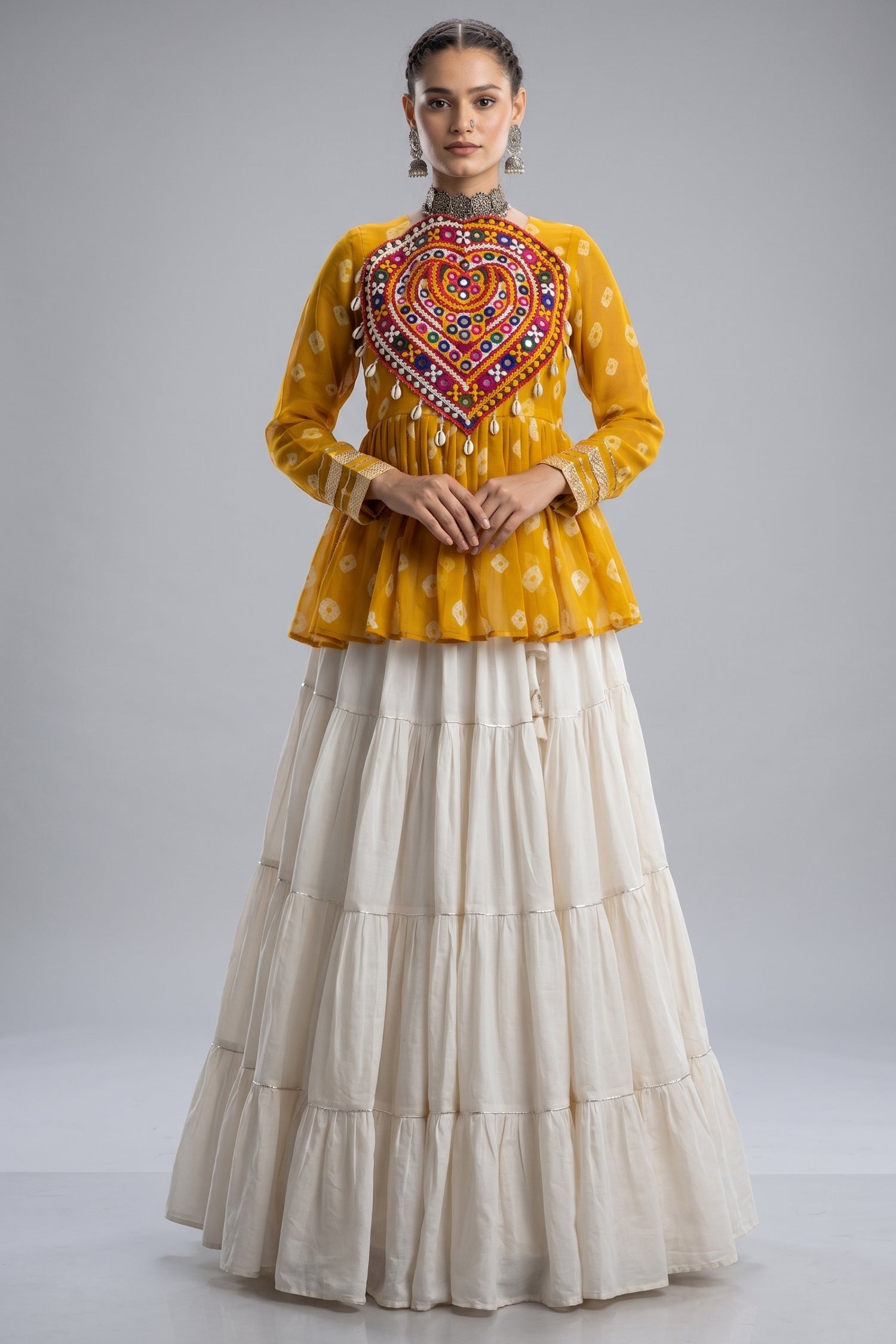 Pearl White Cotton Flared Peplum Chaniya Choli with Kachchi Work Main image