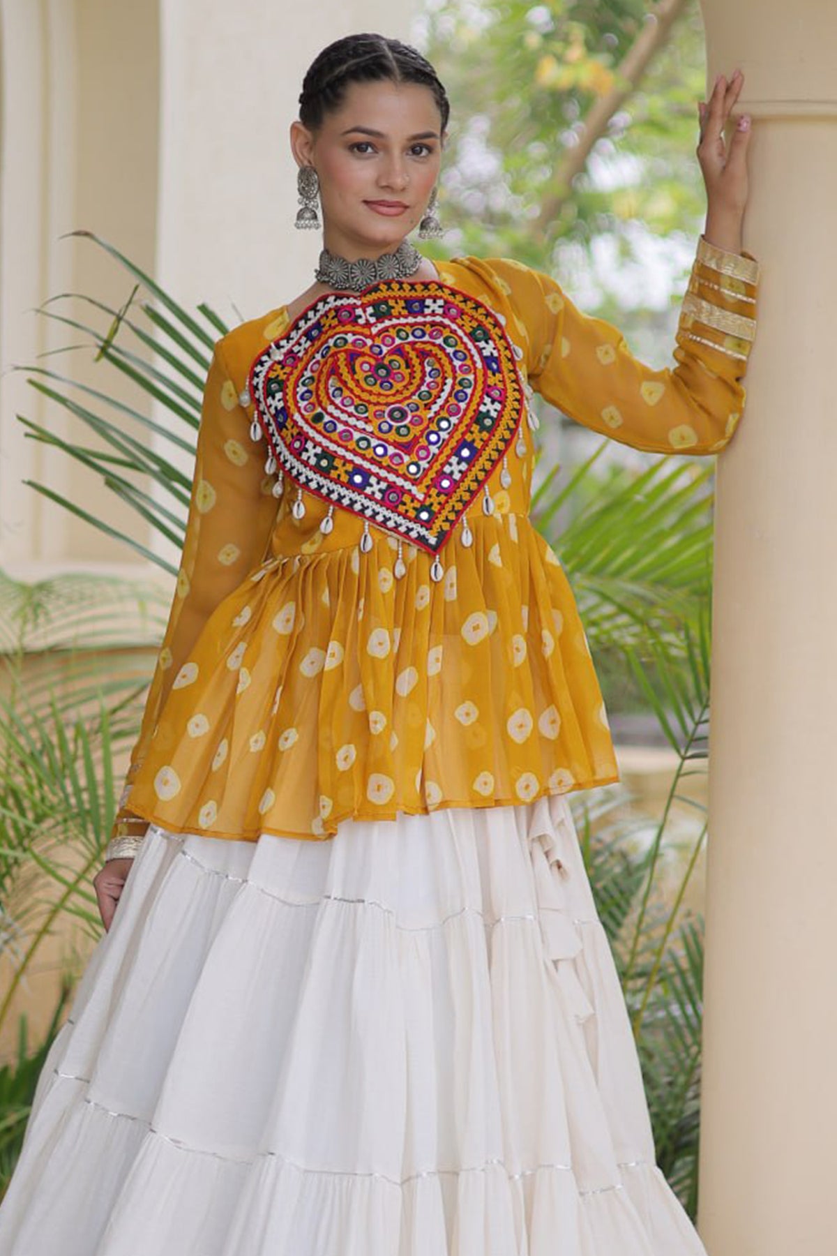 Pearl White Cotton Flared Peplum Chaniya Choli with Kachchi Work