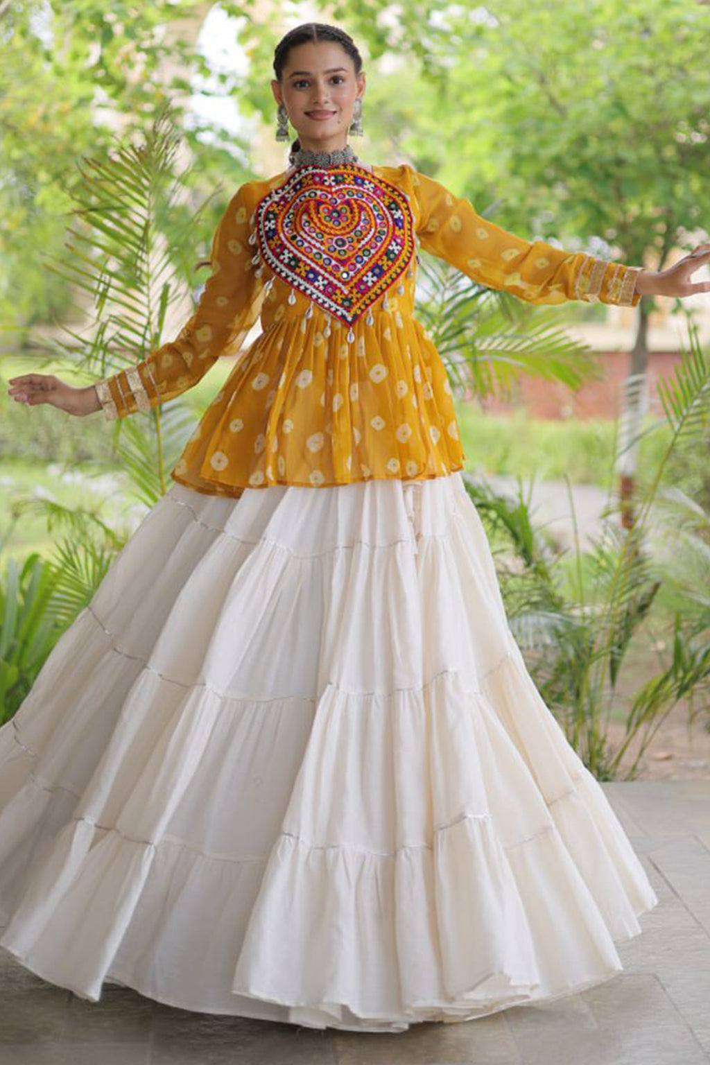 Pearl White Cotton Flared Peplum Chaniya Choli with Kachchi Work
