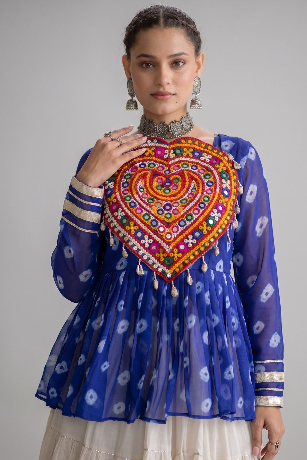 Pearl White Cotton Flared Peplum Chaniya Choli with Kachchi Work