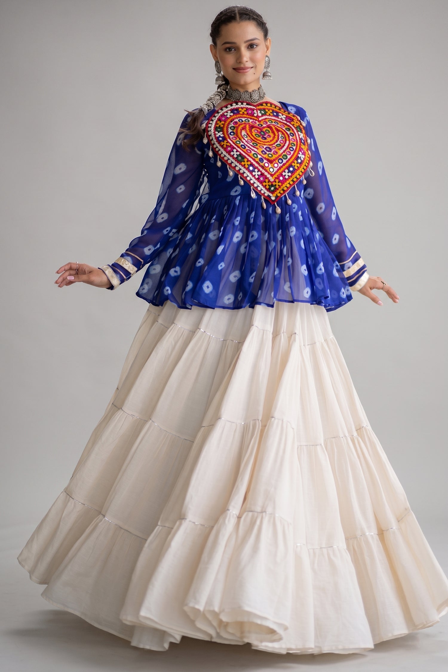 Pearl White Cotton Flared Peplum Chaniya Choli with Kachchi Work Main image