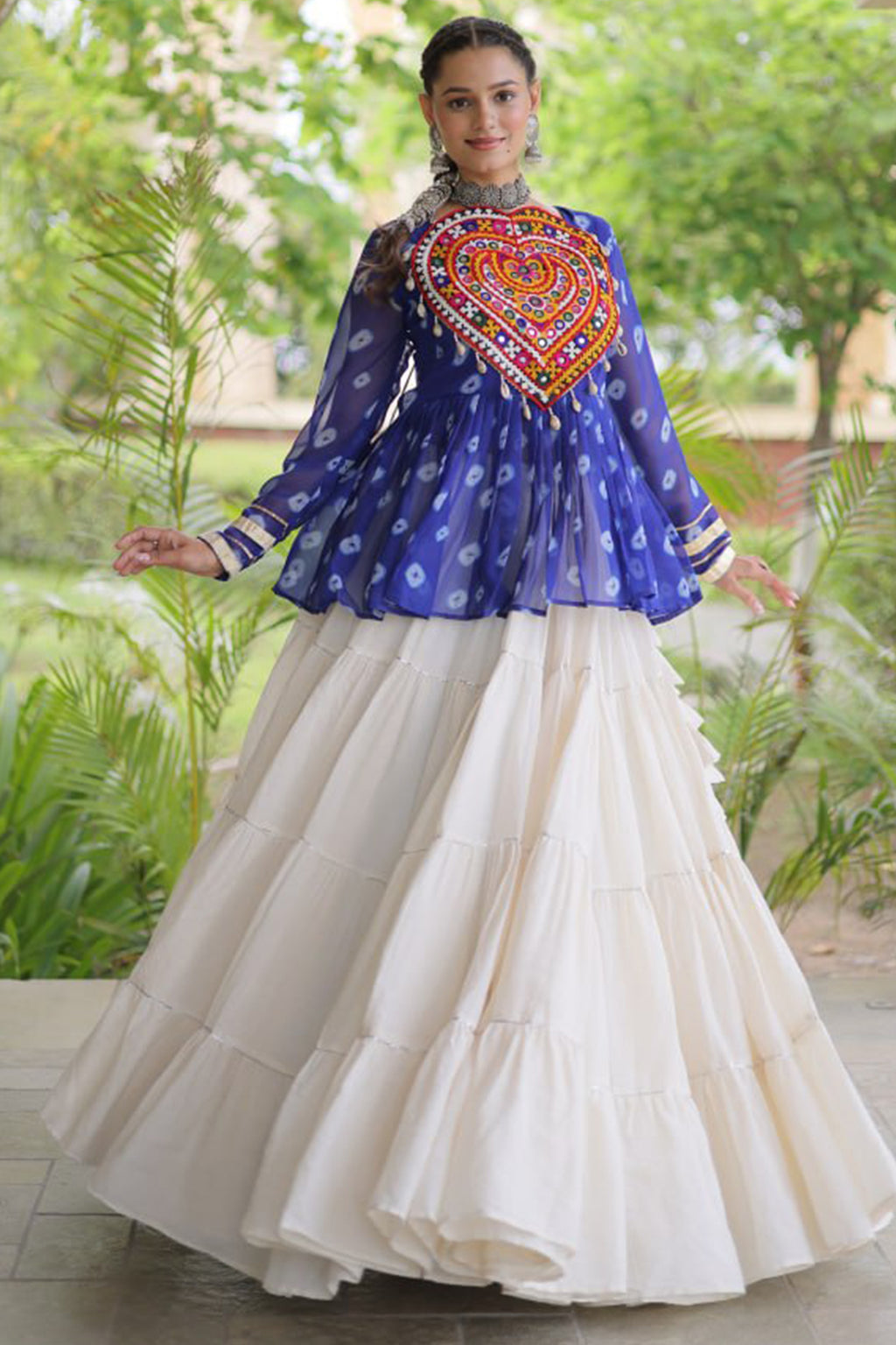 Pearl White Cotton Flared Peplum Chaniya Choli with Kachchi Work