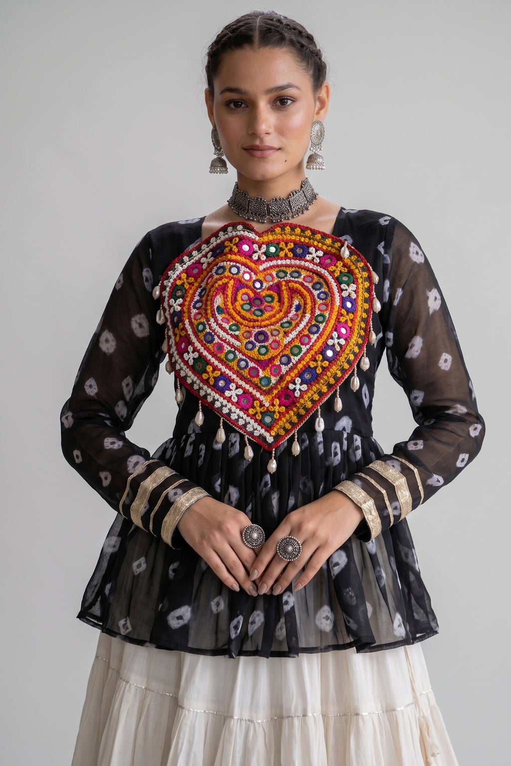 Pearl White Cotton Flared Peplum Chaniya Choli with Kachchi Work