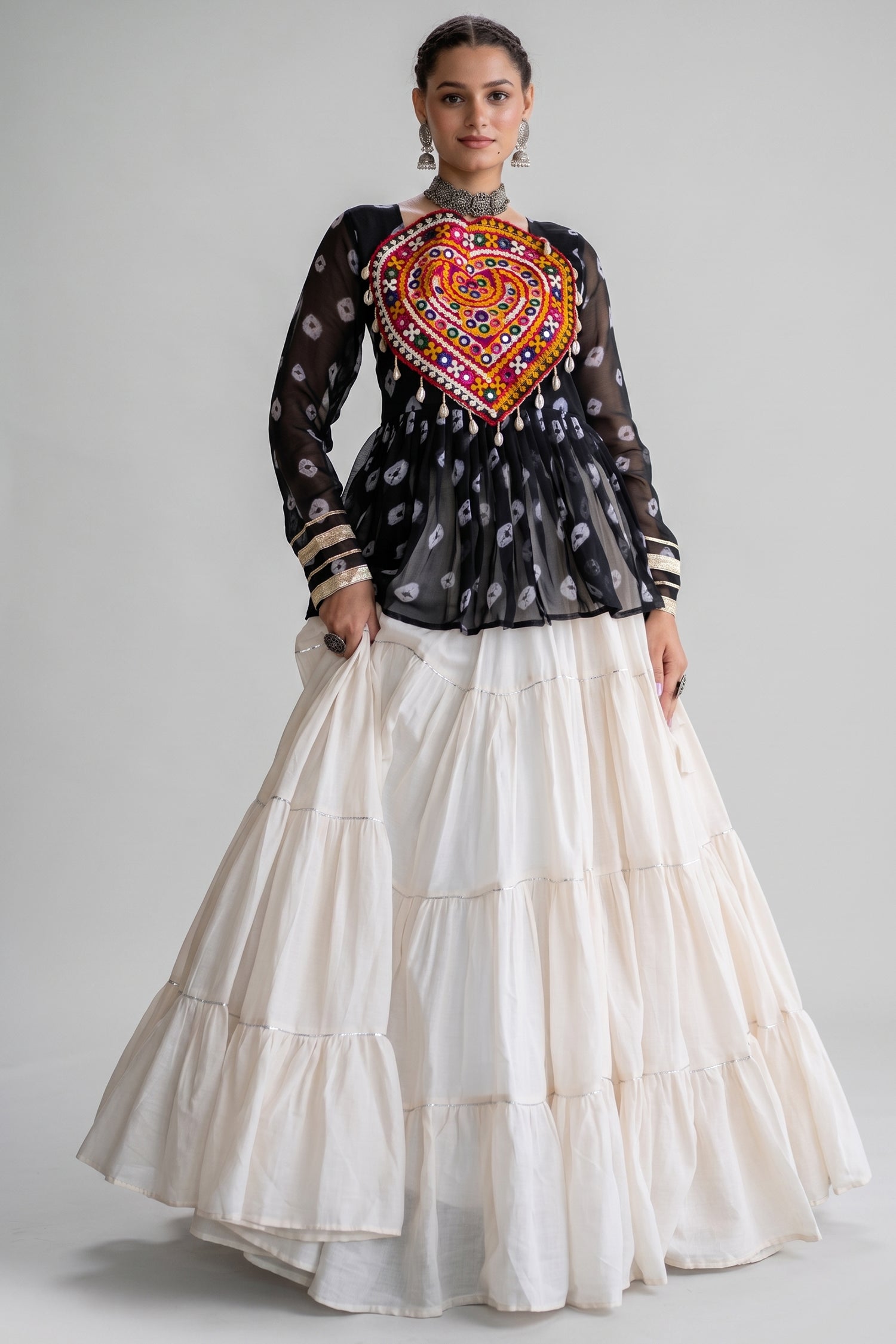 Pearl White Cotton Flared Peplum Chaniya Choli with Kachchi Work