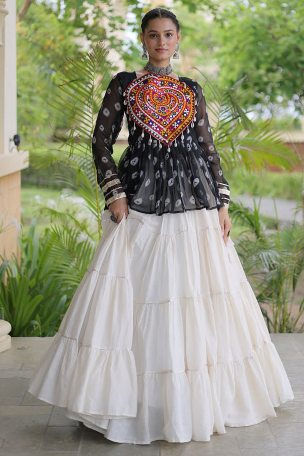 Pearl White Cotton Flared Peplum Chaniya Choli with Kachchi Work