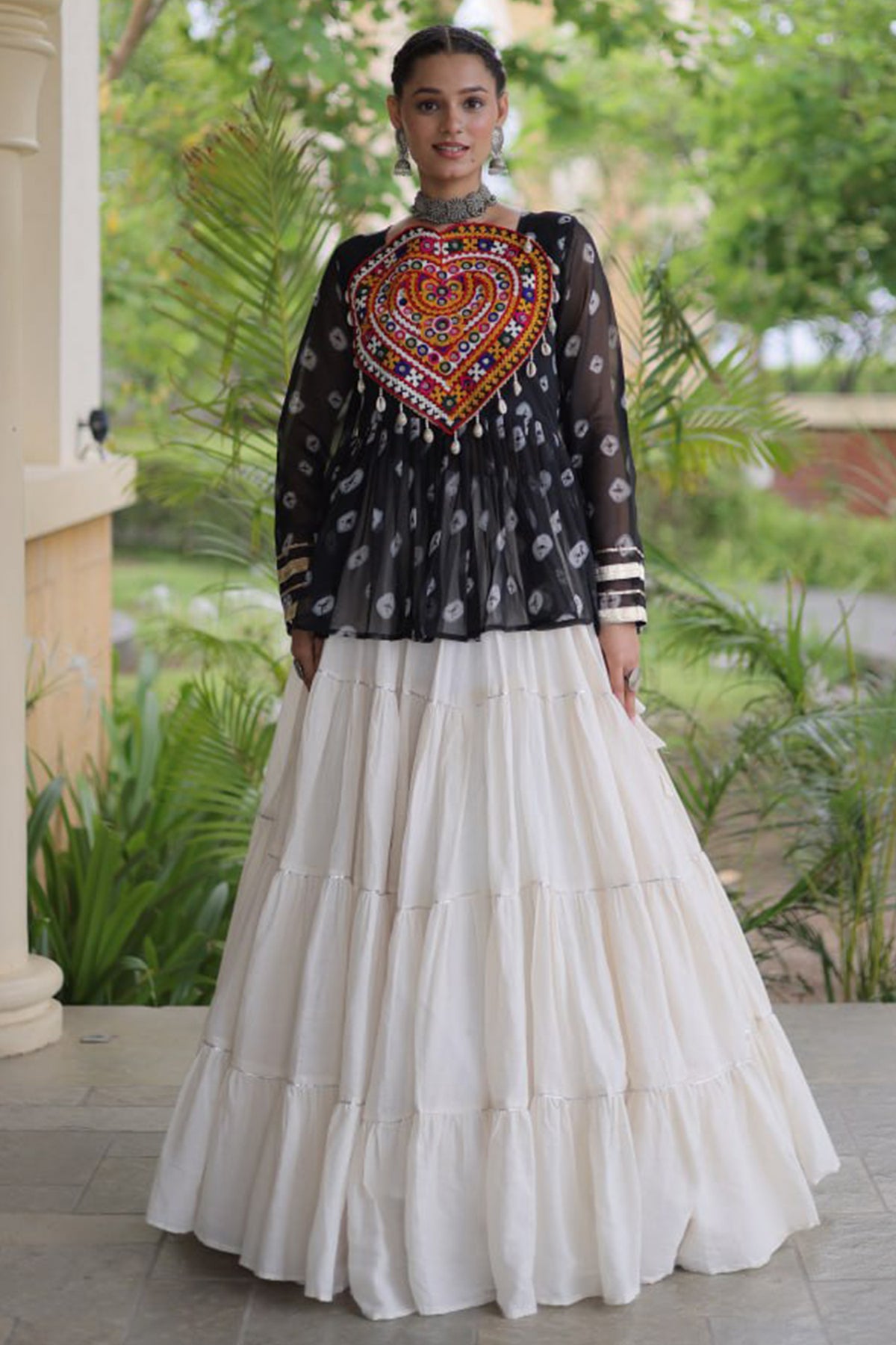 Pearl White Cotton Flared Peplum Chaniya Choli with Kachchi Work