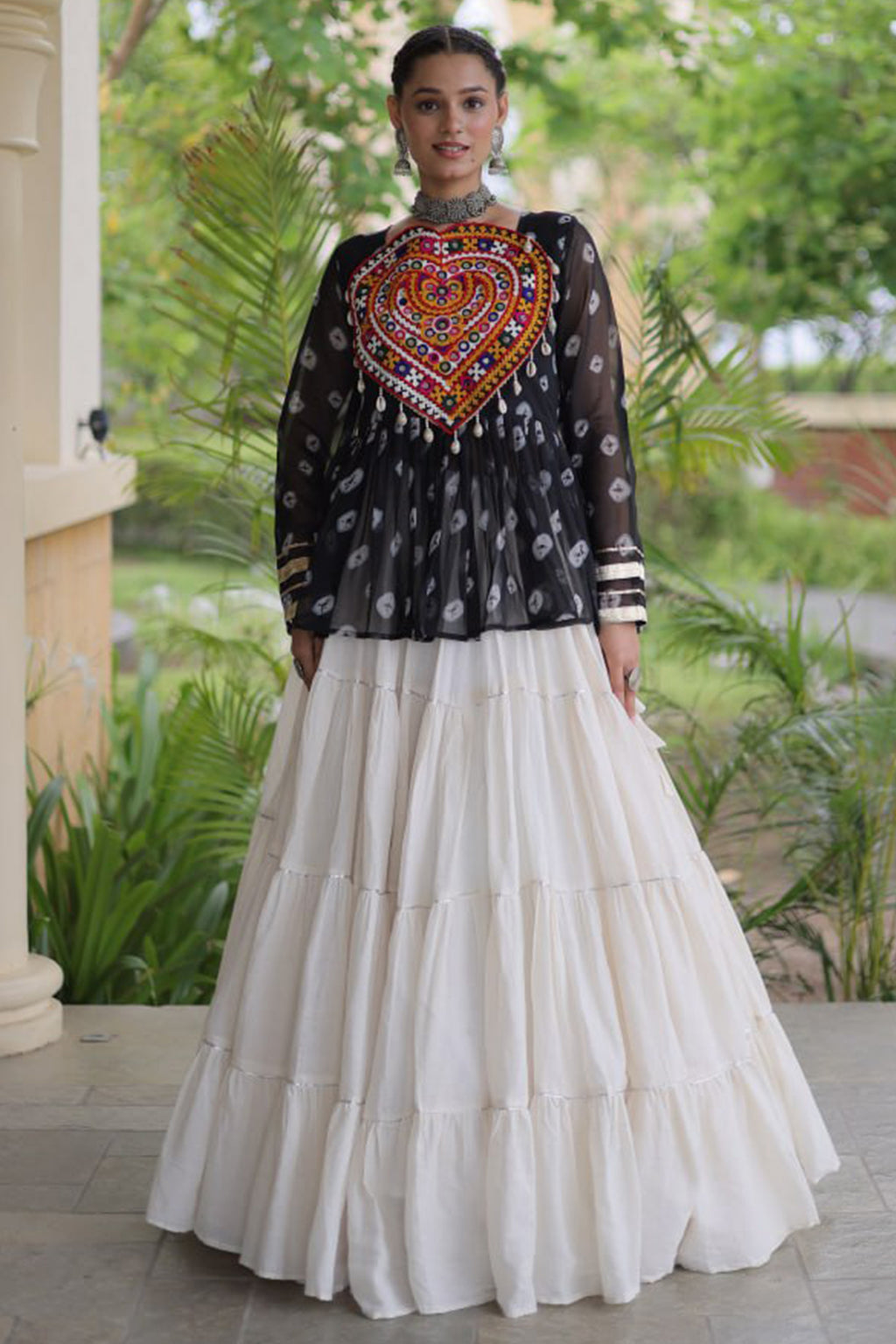 Pearl White Cotton Flared Peplum Chaniya Choli with Kachchi Work