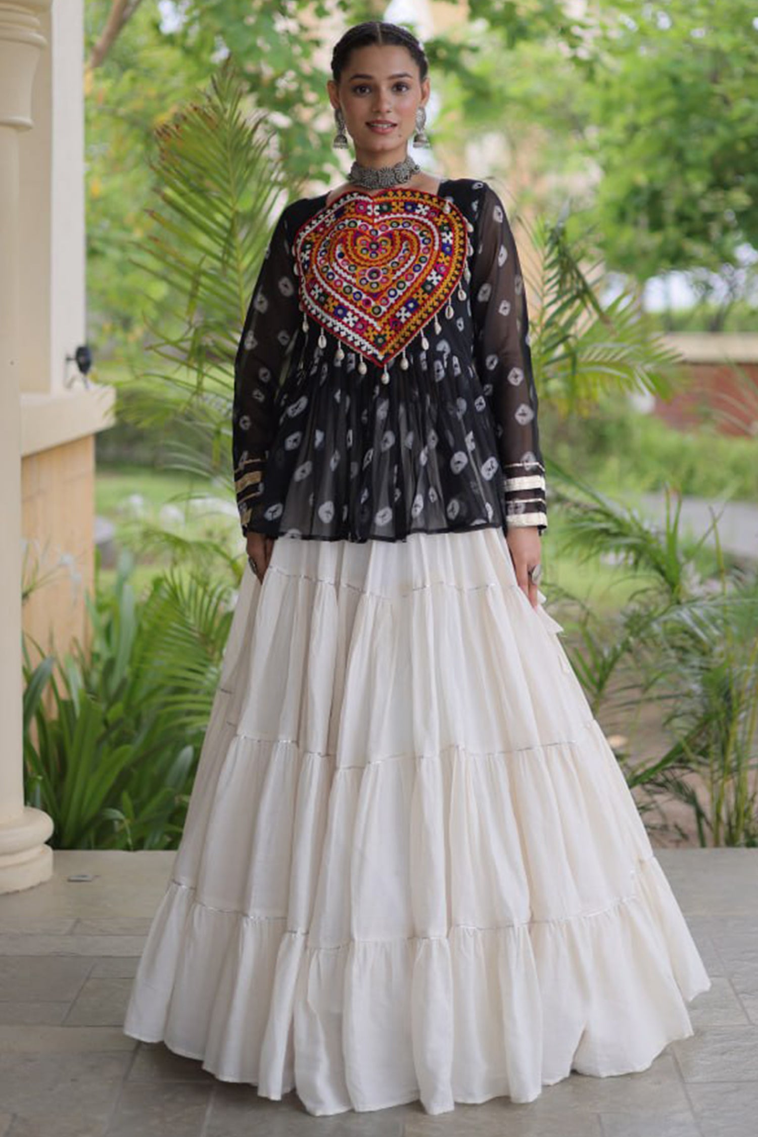 Pearl White Cotton Flared Peplum Chaniya Choli with Kachchi Work
