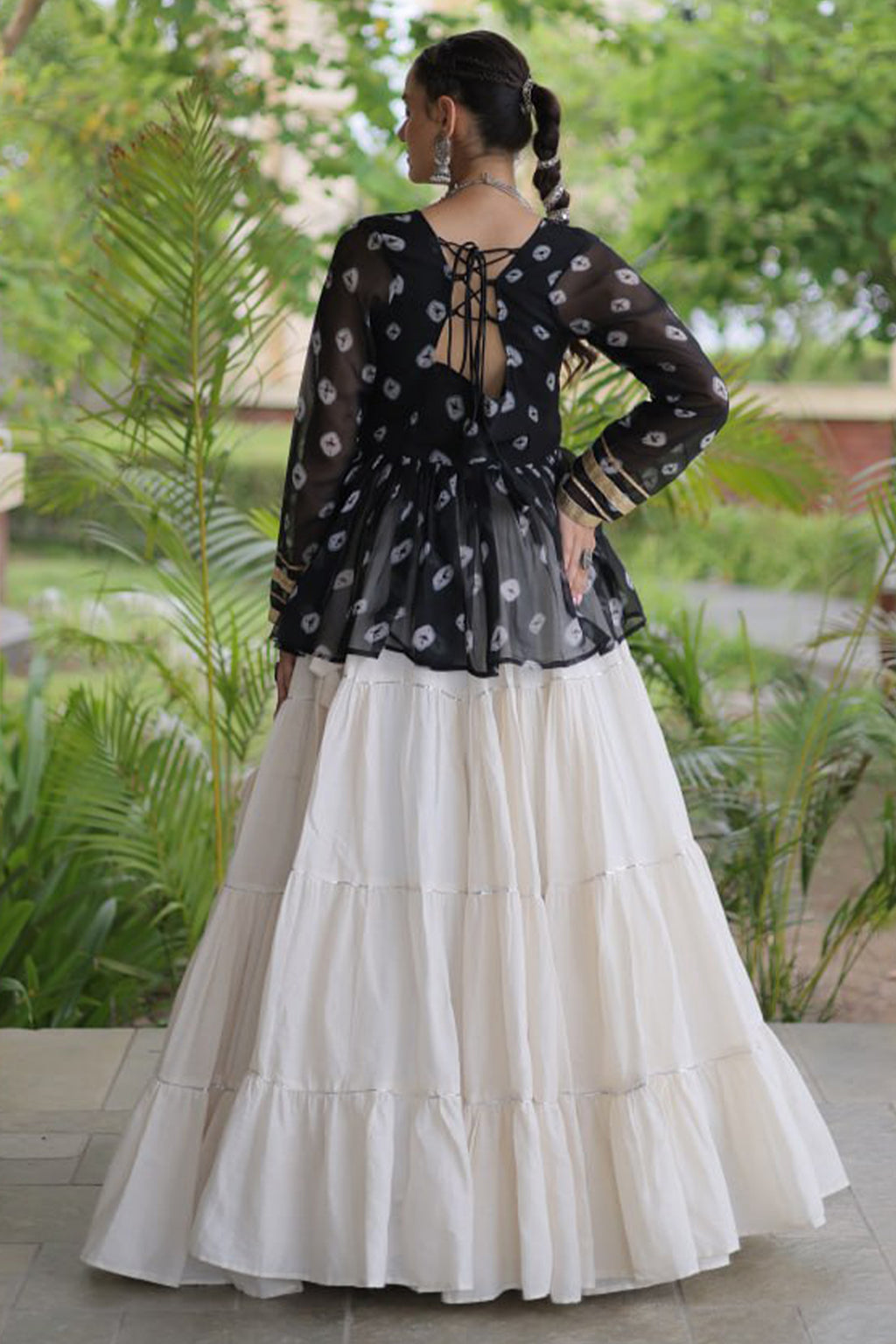 Pearl White Cotton Flared Peplum Chaniya Choli with Kachchi Work